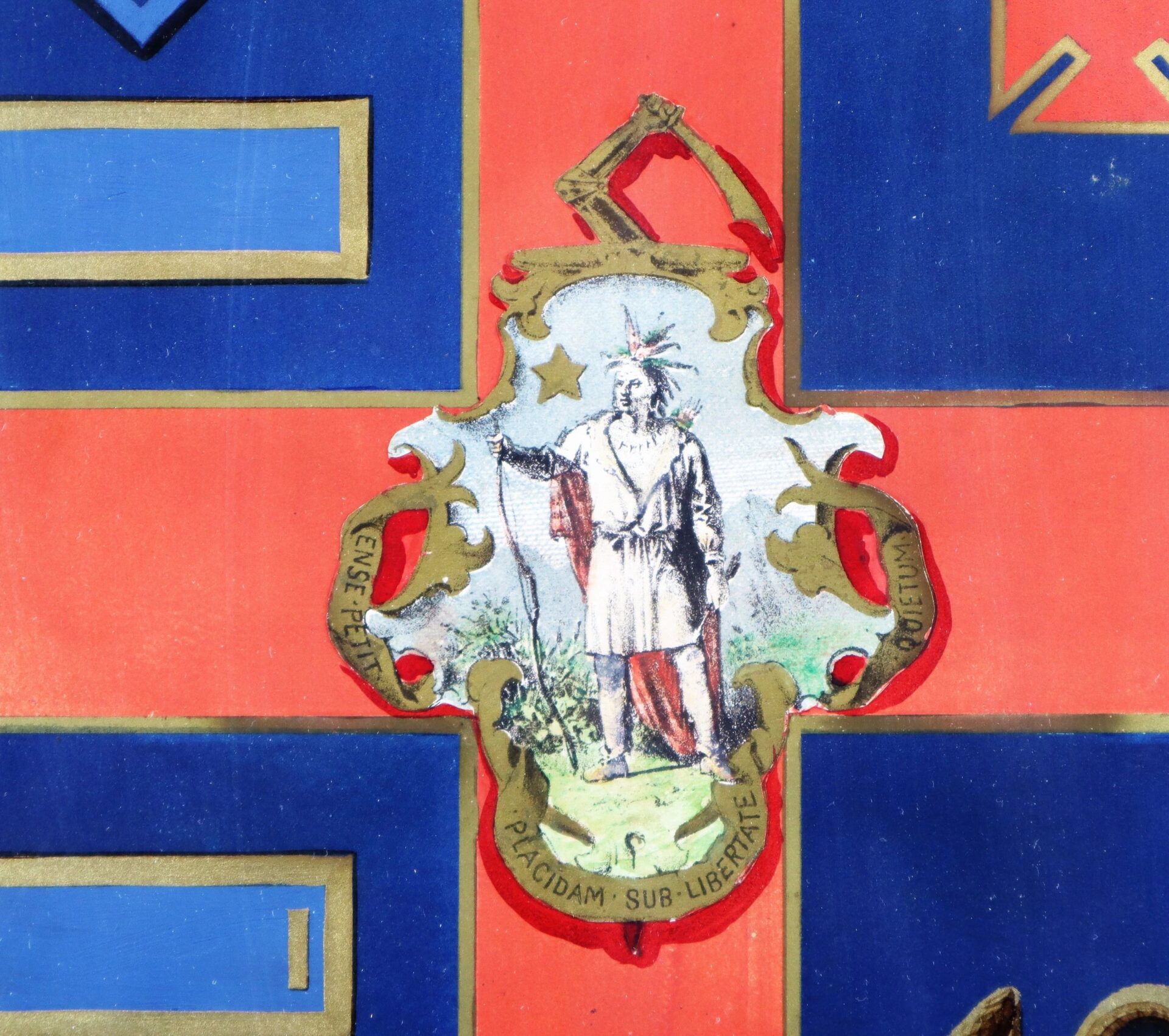 Illustration for "Soldier's Escutcheon 42nd Mass and 60th Mass. Infantry" depicting a Native American with a bow and arrow, a star above their head, centered on a red and blue background with gold trim.