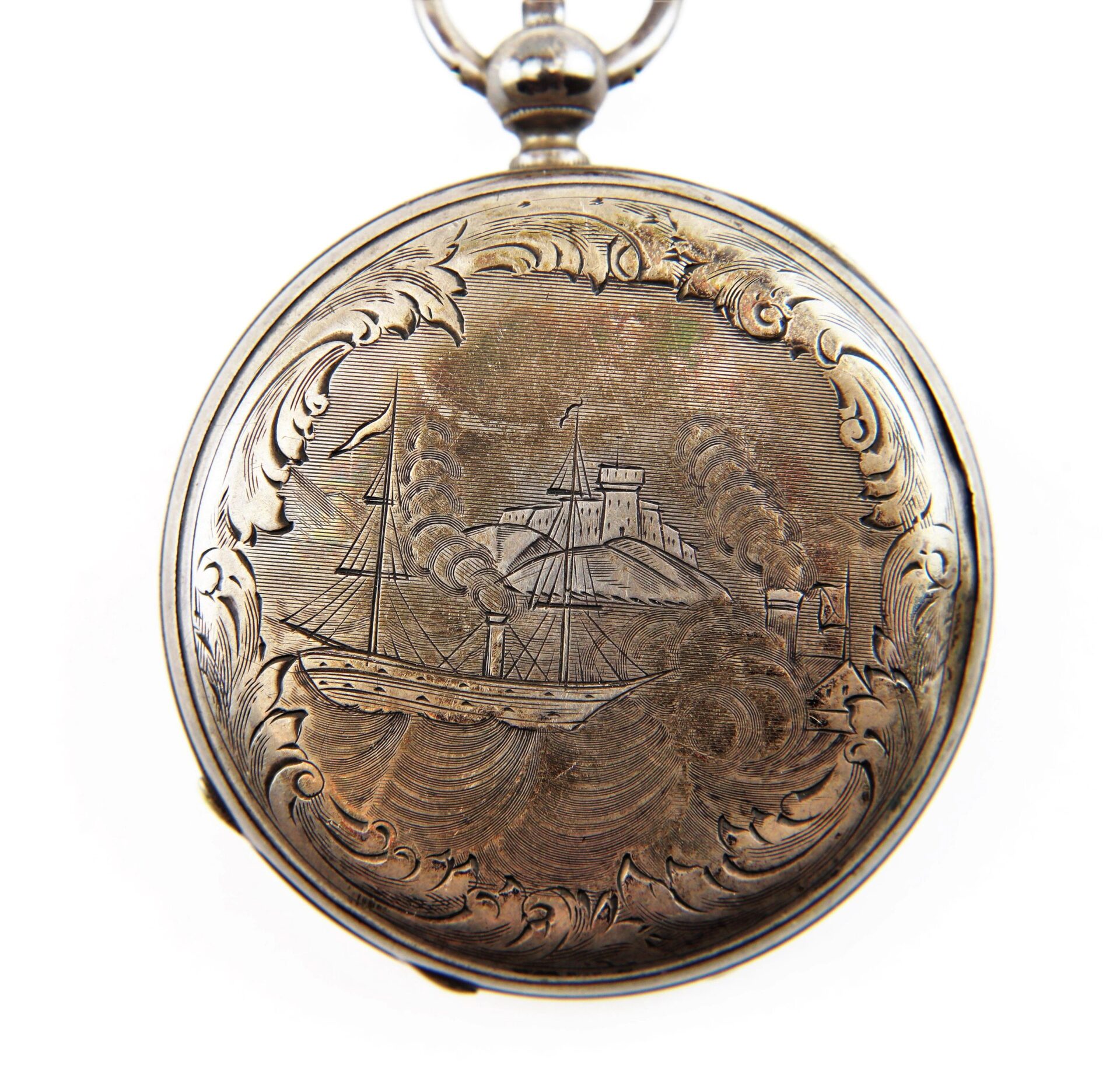 Silver Pocket Watch with Civil War Engraving, featuring a detailed steamship and distant building surrounded by scrollwork. / SOLD.
