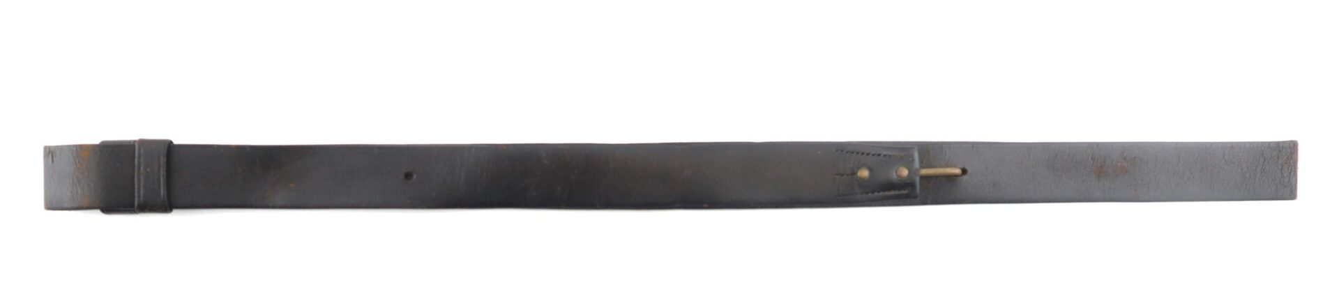 A Civil War Musket Sling with a worn, dark brown leather strap and brass buckle, laid flat on a white background. Marked as SOLD.