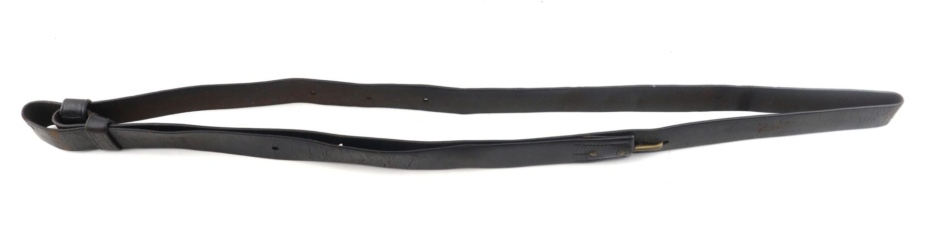 A Civil War musket sling, laid out in a straight line on a white background.