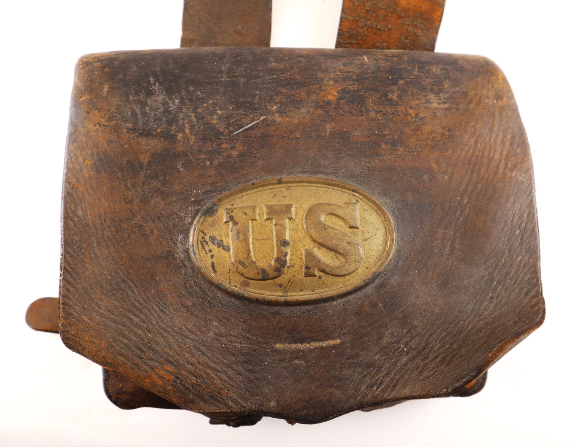 Complete Cartridge Box, sold item: features a worn leather pouch with a brass oval plate marked "US" on the front, likely a historic military collectible.