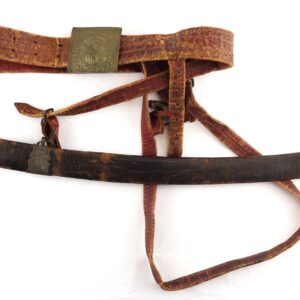 The American Eagle Pommel Sword features a curved blade, white handle and guard, and comes with a worn leather belt with a decorative buckle, all displayed on a white background.