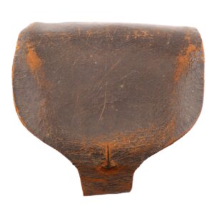 A Civil War Percussion Cap Pouch with a flap closure, featuring worn brown leather and visible surface cracks. / SOLD.