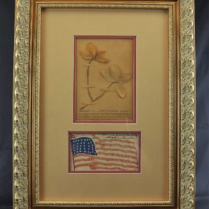 A framed display of pressed yellow leaves from the Bouquet of Abraham Lincoln at the First Inauguration, paired with a handwritten note and a small hand-drawn U.S. flag, all on a beige mat in an ornate gold frame.