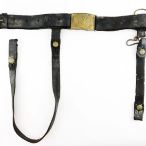A Model 1851 Saber Belt made of worn black leather with a metal buckle, brass buttons, and two hanging straps is photographed on a white background.
