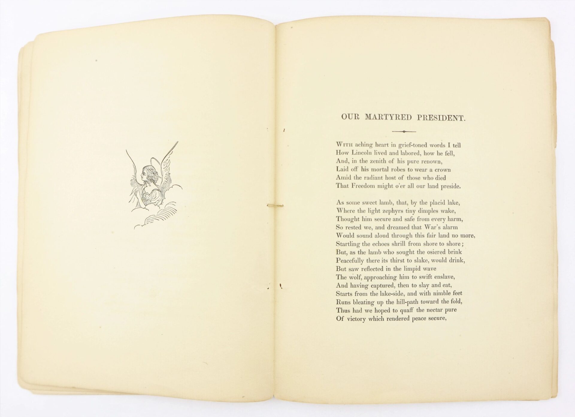 An open book titled "1865 Our Martyred President by Phoebe Anne Hanaford / SOLD" shows a poem on the right page and a small black-and-white illustration on the left.