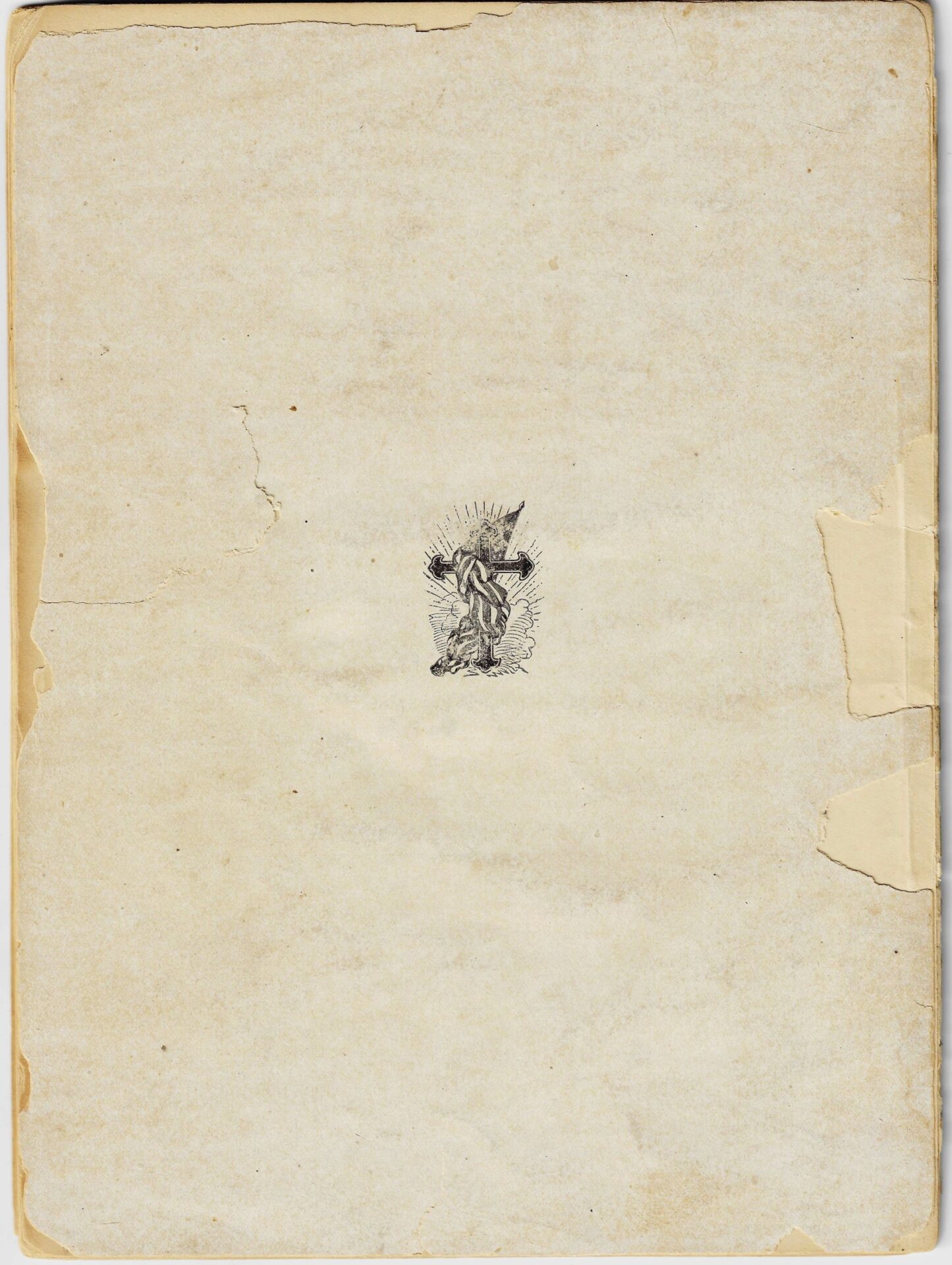 A worn, yellowed sheet from "1865 Our Martyred President" by Phoebe Anne Hanaford, with torn edges and a small detailed black-and-white illustration of a winged figure near the center.