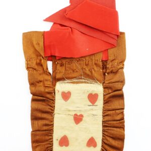 The "Five of Hearts" Ditty Bag is a handmade fabric pouch with gathered brown material, a red ribbon, and a card featuring five red hearts stitched onto the front.