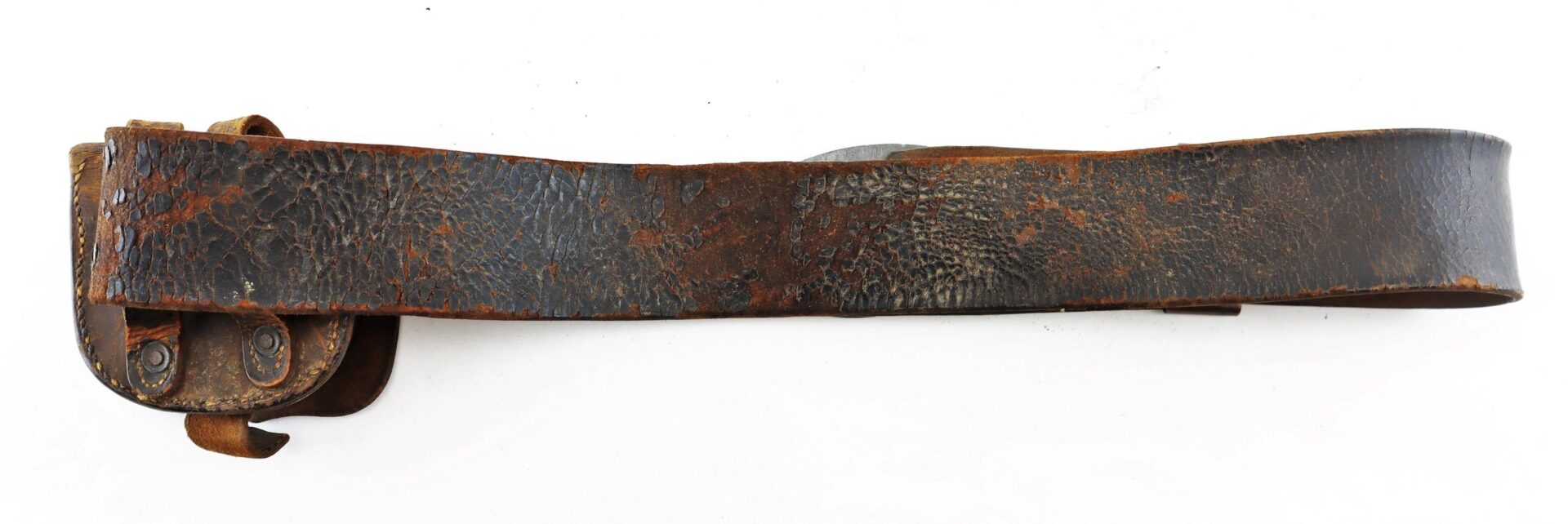 A close-up of the Enlisted Infantryman's Belt with Model 1839 "US" belt plate and cap pouch, showing its worn leather strap and metal rivets, lying flat against a white background. / SOLD.