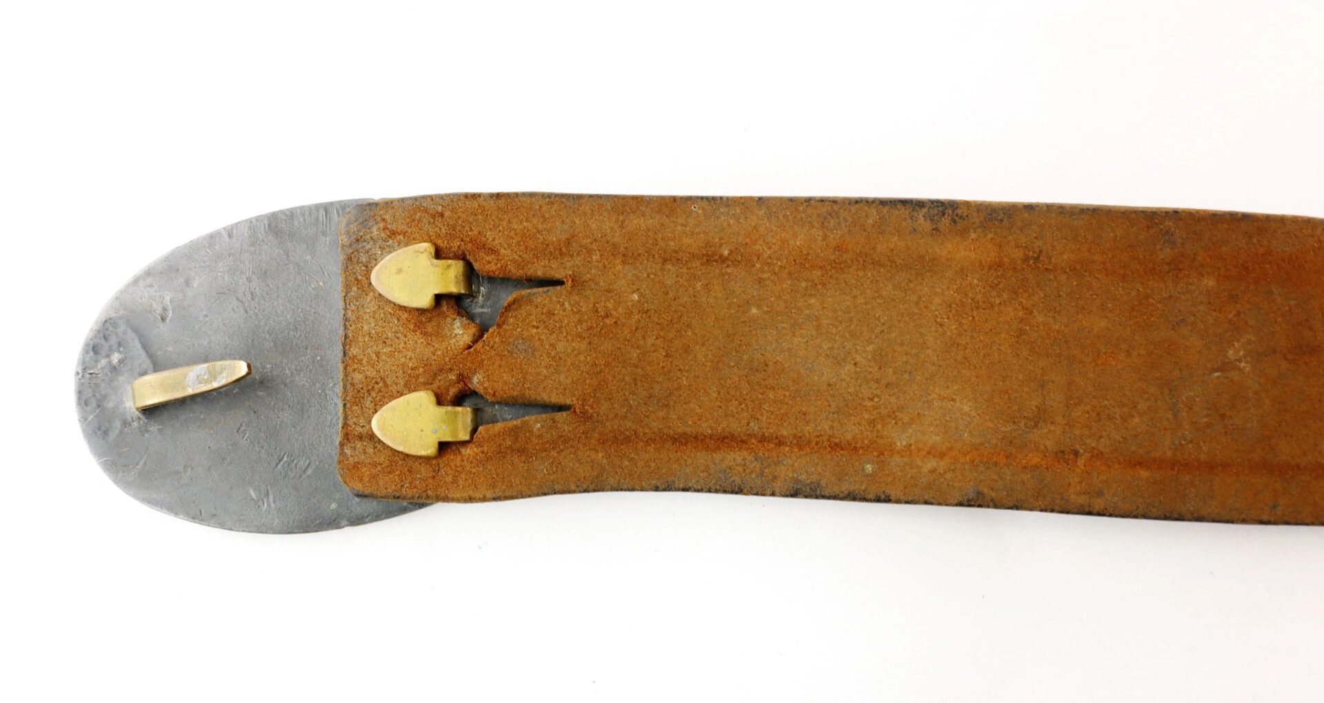 Close-up of an Enlisted Infantryman's Belt with Model 1839 "US" belt plate and cap pouch, showing a worn brown leather strap with metal end and two brass fasteners on a white background. / SOLD.