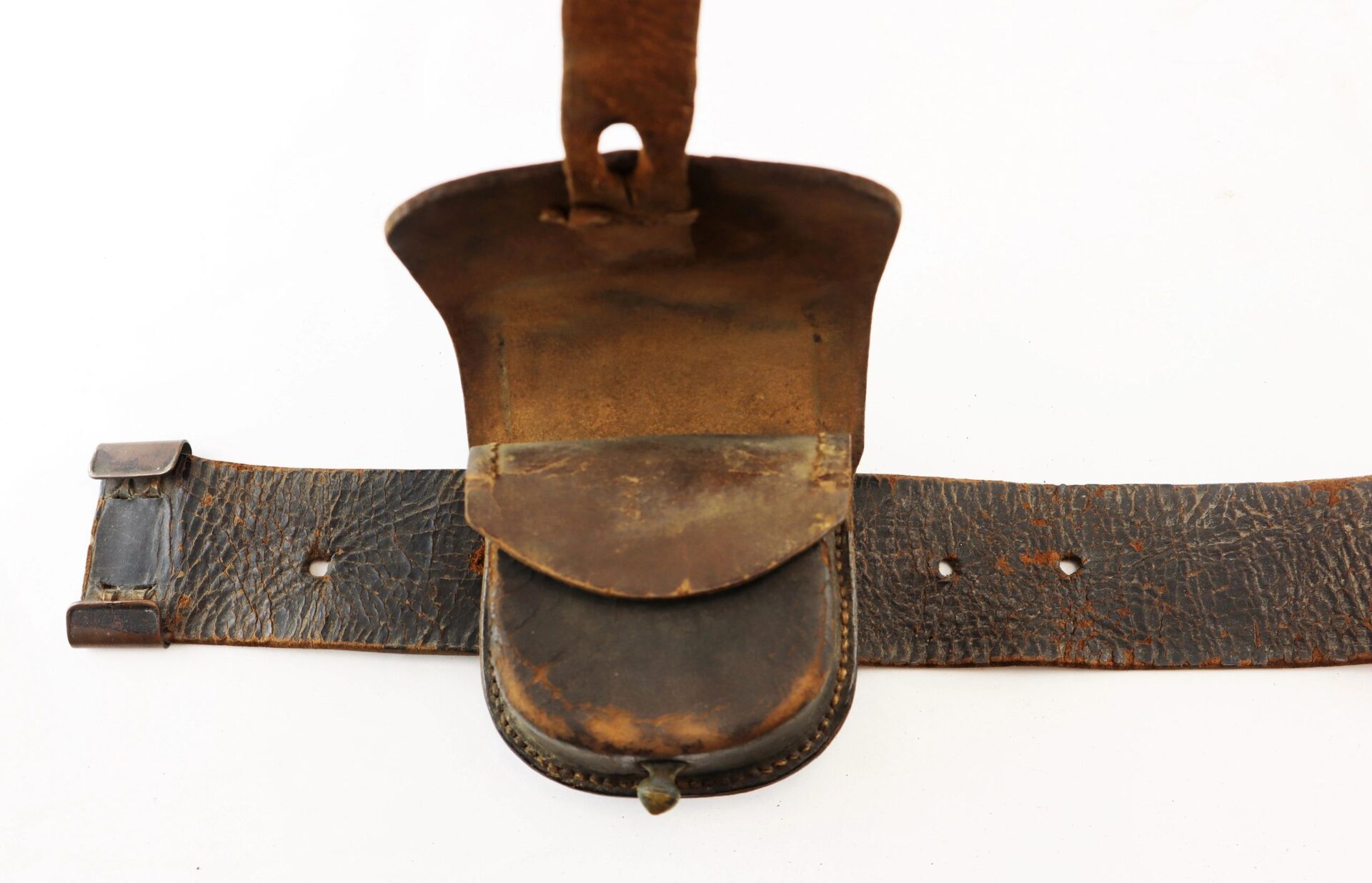 An Enlisted Infantryman's belt featuring a Model 1839 "US" belt plate and cap pouch, showing clear signs of age and use, displayed on a plain white background. / SOLD.