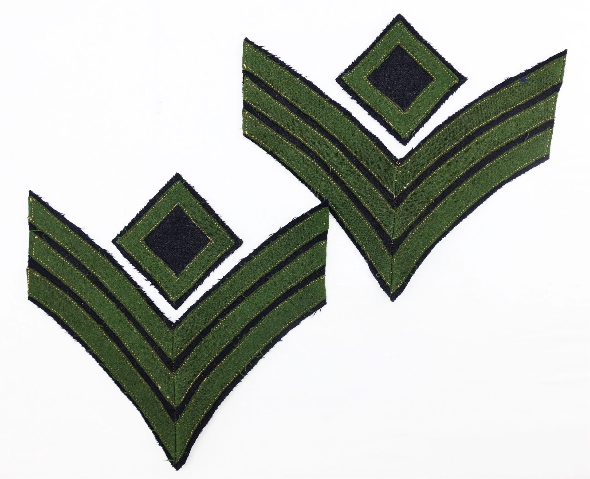 Pair of Civil War Rifleman/Sharpshooter Chevrons, green and black patches with double chevrons and a diamond above each, displayed on a white background.
