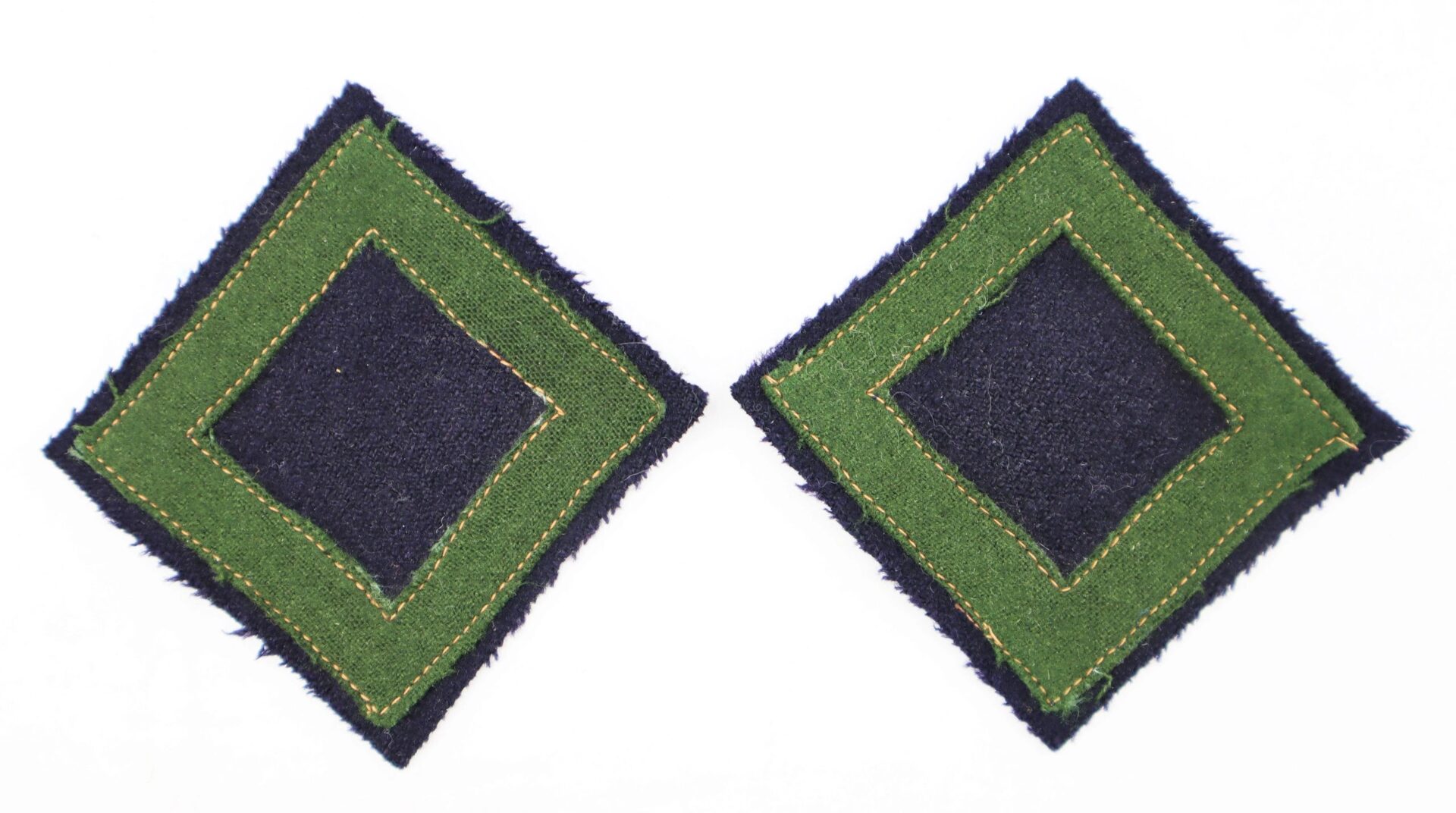 Two Civil War Rifleman/Sharpshooter Chevrons, featuring green borders and dark blue centers, are displayed side by side on a white background.