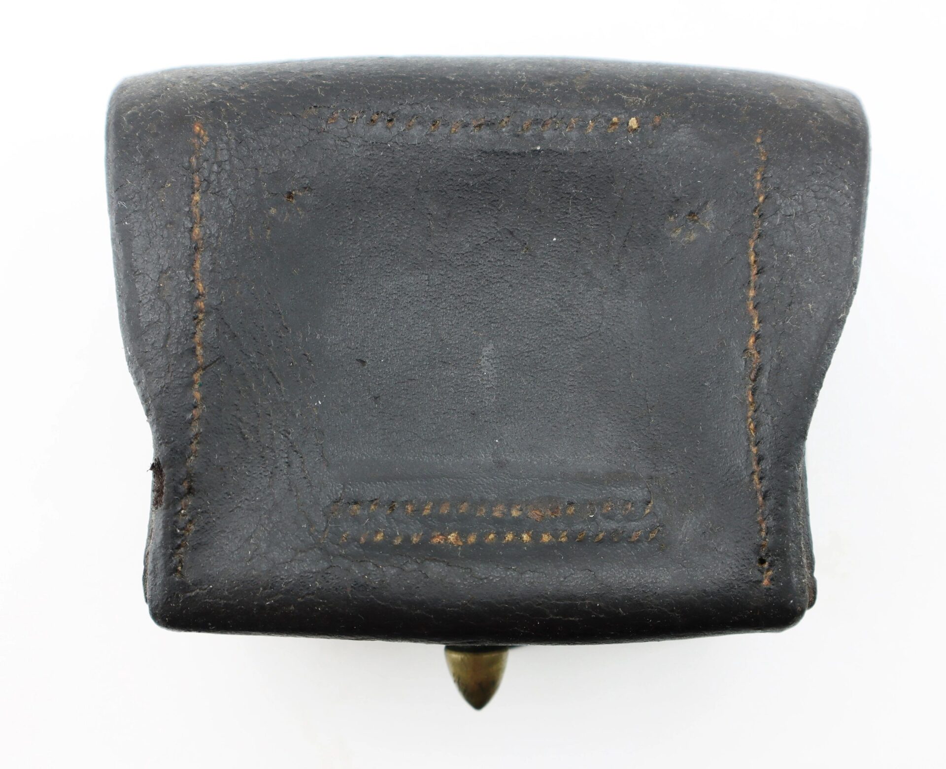 A compact, rectangular Civil War Navy Fuse Box in black leather with visible stitching and a brass fastener at the bottom, shown against a white background.