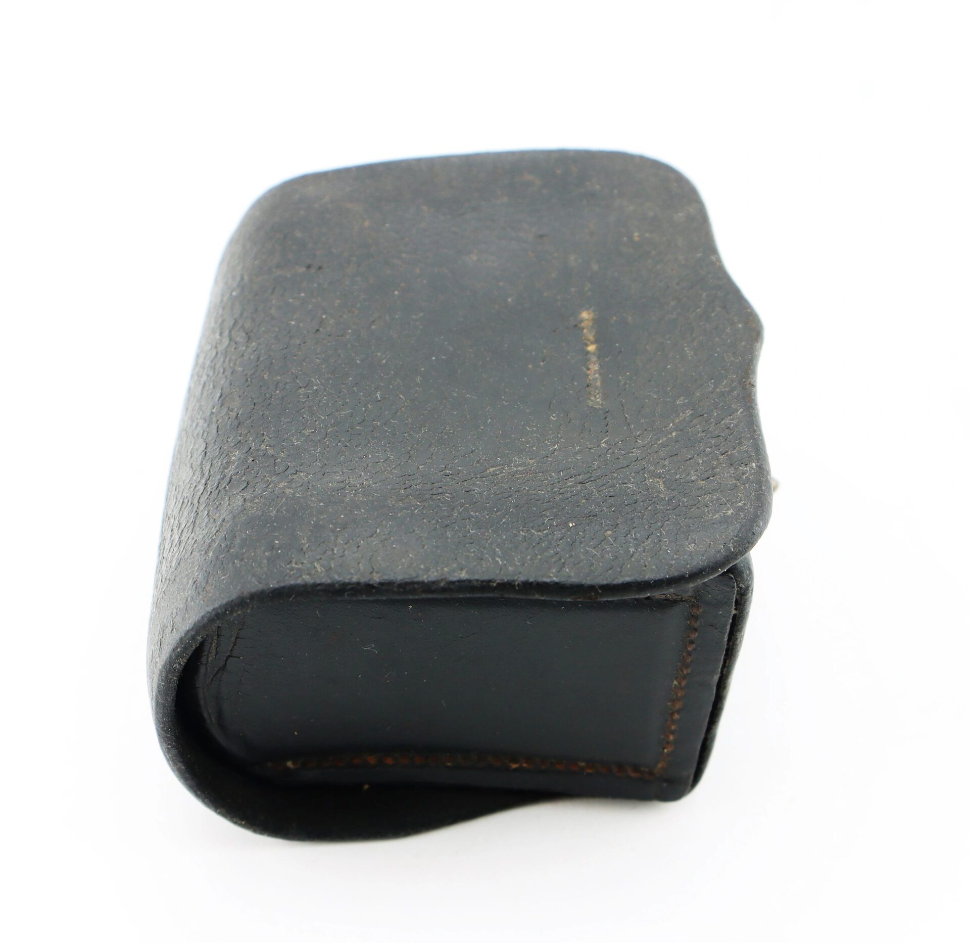 A closed Civil War Navy Fuse Box made of worn black leather with visible texture and brown stitching is shown from an angled view against a white background.