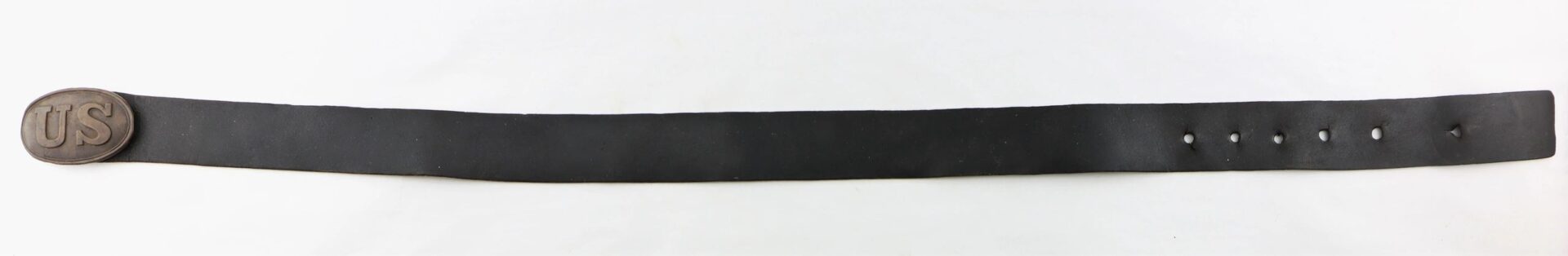 A U.S. Enlistedman’s Belt marked “A.B. Covell,” black leather with five holes and an oval buckle featuring raised "US" letters.