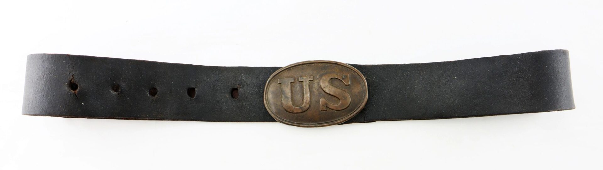 A U.S. Enlistedman’s belt marked “A.B. Covell,” featuring worn black leather and a brass oval buckle with raised "US" letters.