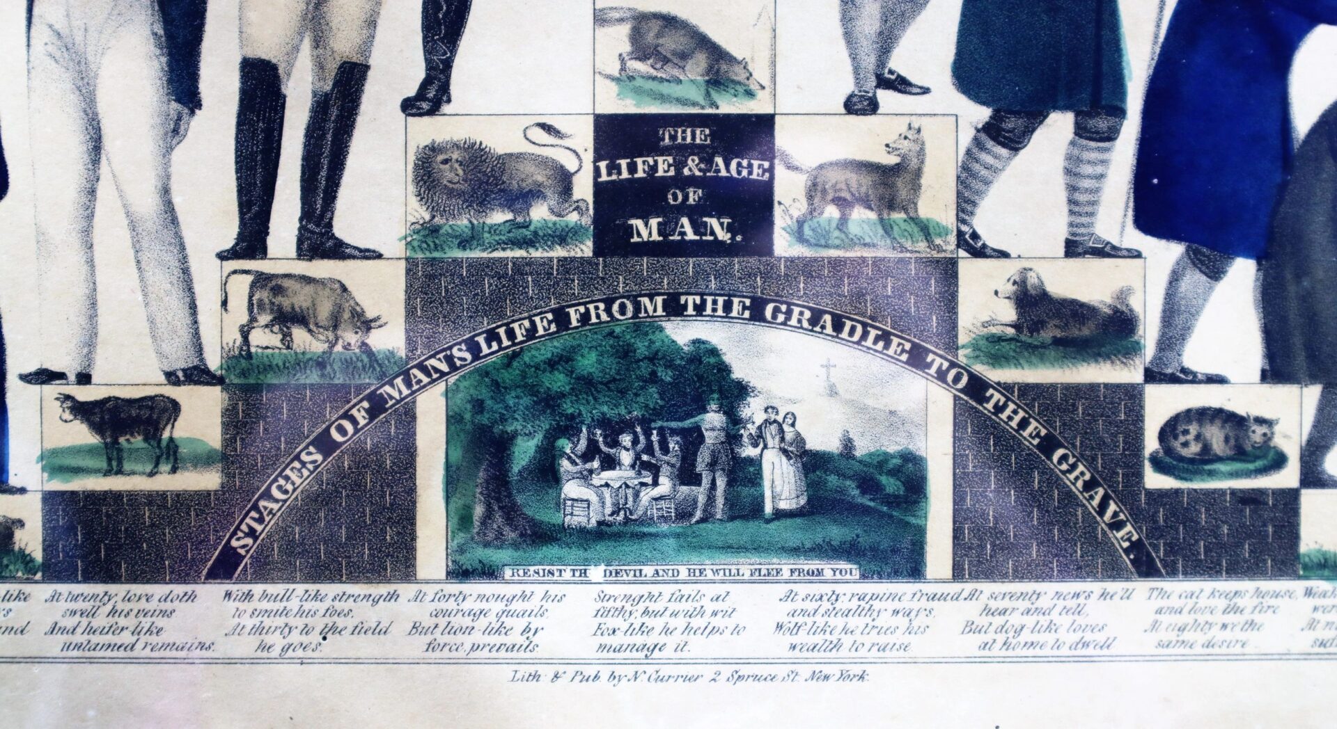 A vintage illustration, "The Stages of Man’s Life from the Cradle to the Grave," shows phases of human life with people and animals, and a central outdoor group beneath the heading.