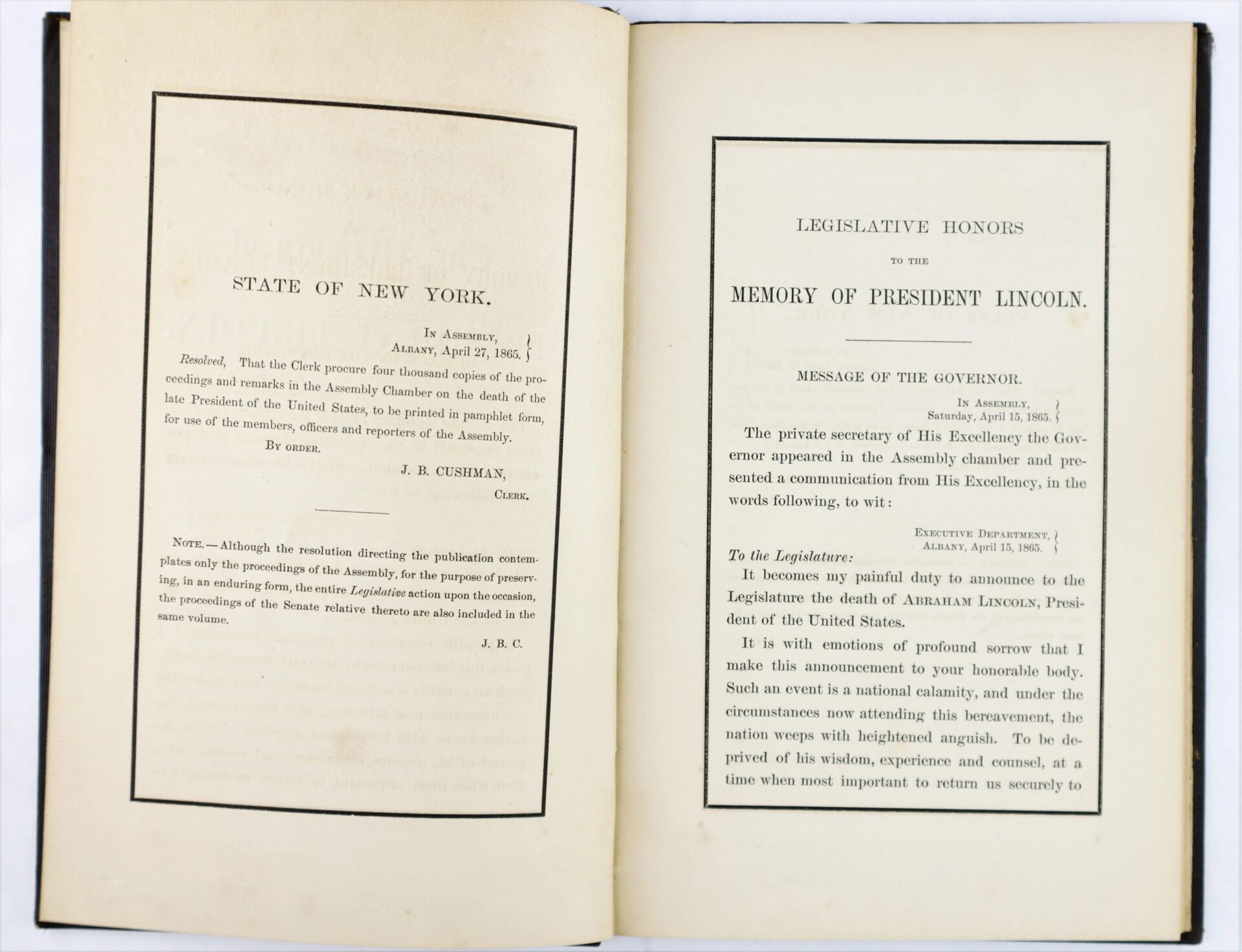Open book featuring New York State's resolution and a page titled "Legislative Honors to the Memory of President Lincoln." Product: 1865 Legislative Obsequies of President Lincoln / SOLD. Formal printed text appears on both pages.