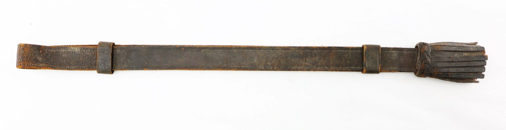 The Civil War Cavalry Enlisted Saber Knot, featuring a vintage leather strap with a handle and multiple strips at one end, is displayed on a white background.