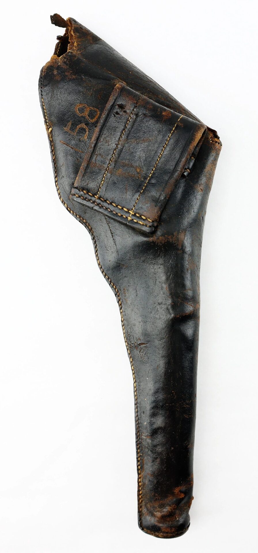 A Civil War Era Revolver Holster made of worn, dark brown leather with visible stitching and scuff marks, displayed against a white background.