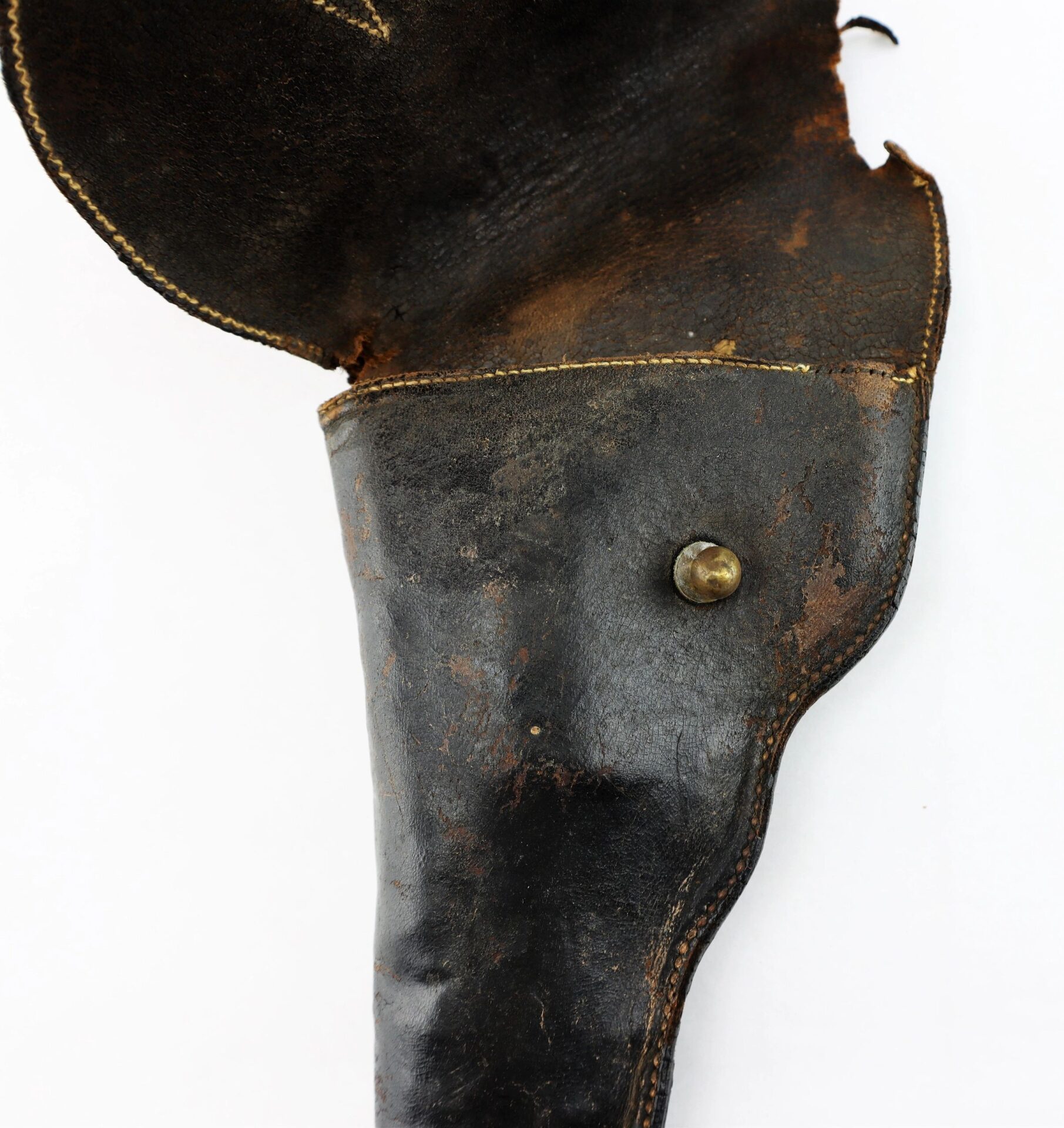 Civil War Era Revolver Holster made of worn black leather with a brass button, partially open and visibly aged, displayed against a plain white background.