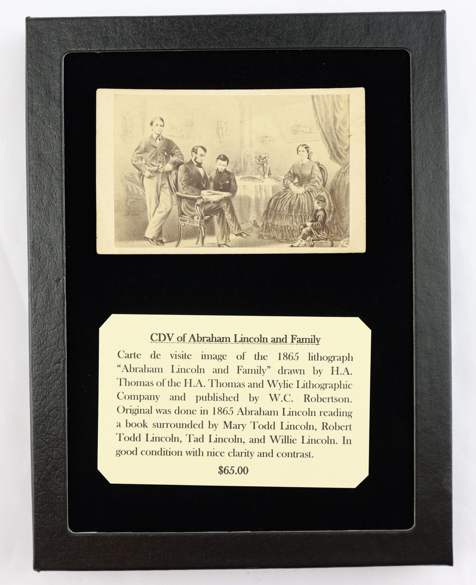 A plaque displays the "CDV of Abraham Lincoln and Family," labeled descriptively and marked as SOLD.