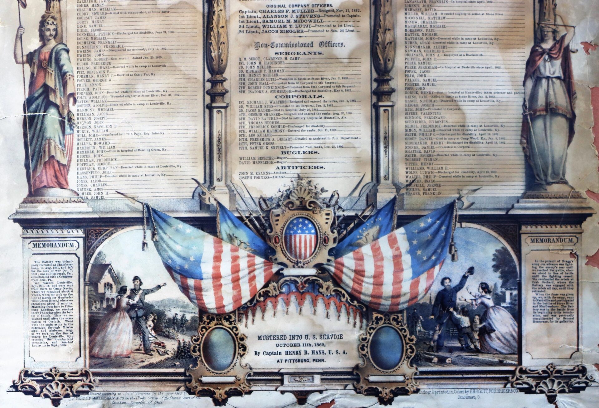 The "Soldier's Memorial, Independent Battery B, Pennsylvania Light Artillery" is a historical document listing names with ornate American flags and illustrations of Civil War-era scenes featuring soldiers and women on either side.
