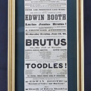 Framed broadside featuring Edwin Booth as Brutus in a play at Howard Athenaeum, with show dates and ticket info included.
