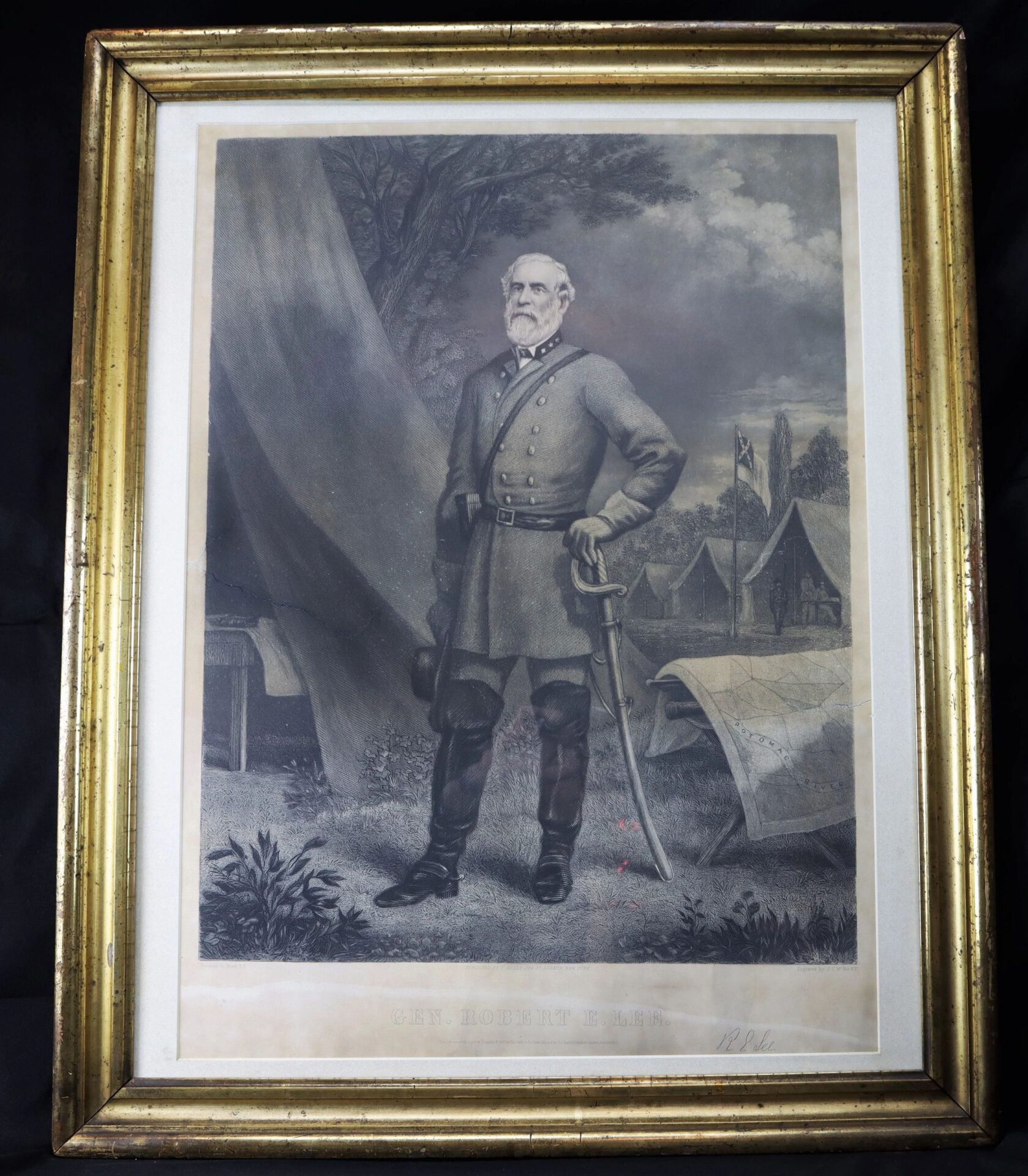 Framed black-and-white portrait titled "General Robert E. Lee / SOLD" shows a man in military uniform standing outdoors with tents, flags, and a large tree in the background.