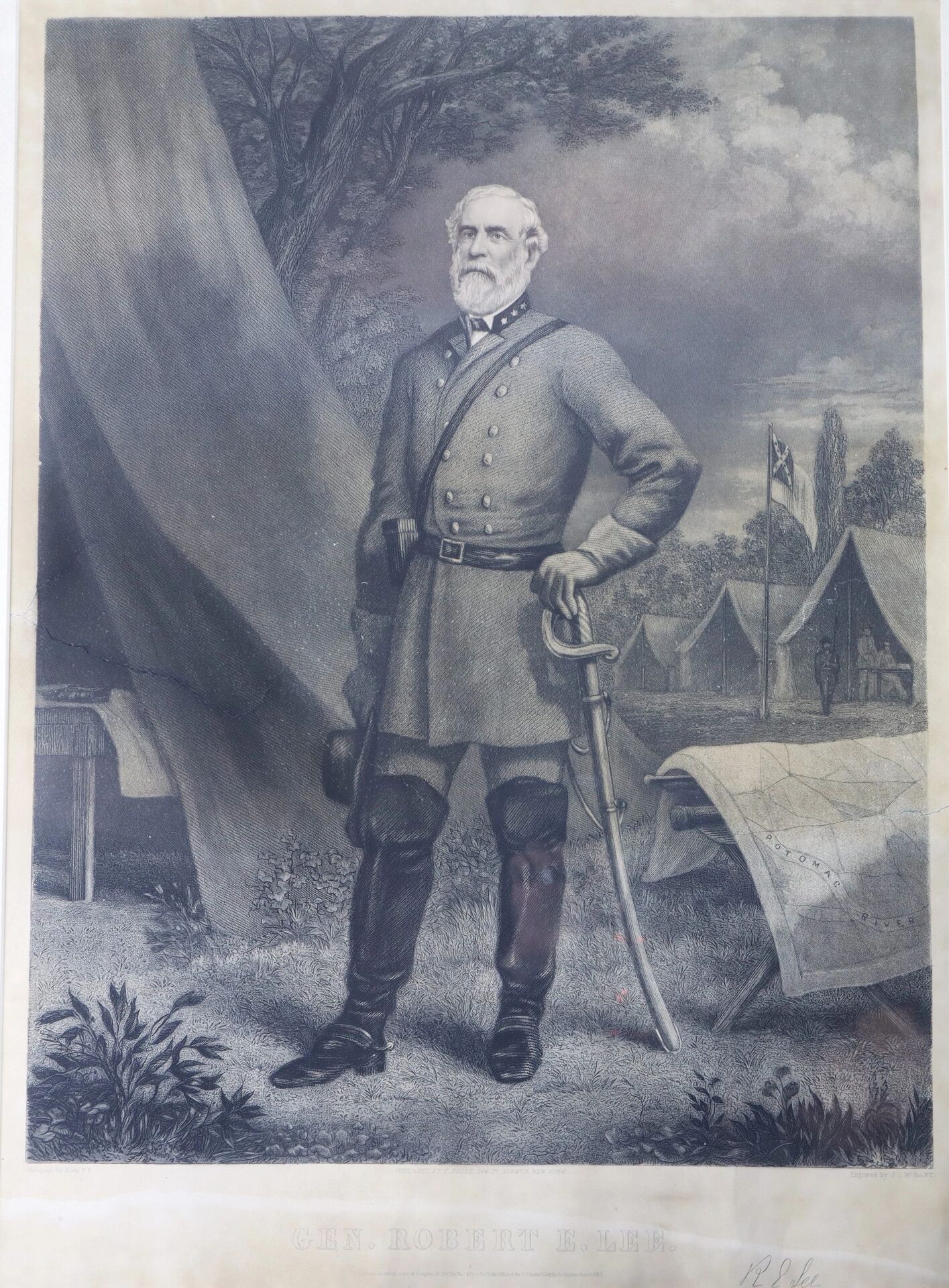 Black-and-white illustration of General Robert E. Lee in military uniform with a beard, holding a sword outdoors; tents, a map, and a flag appear in the background. Product: General Robert E. Lee / SOLD.
