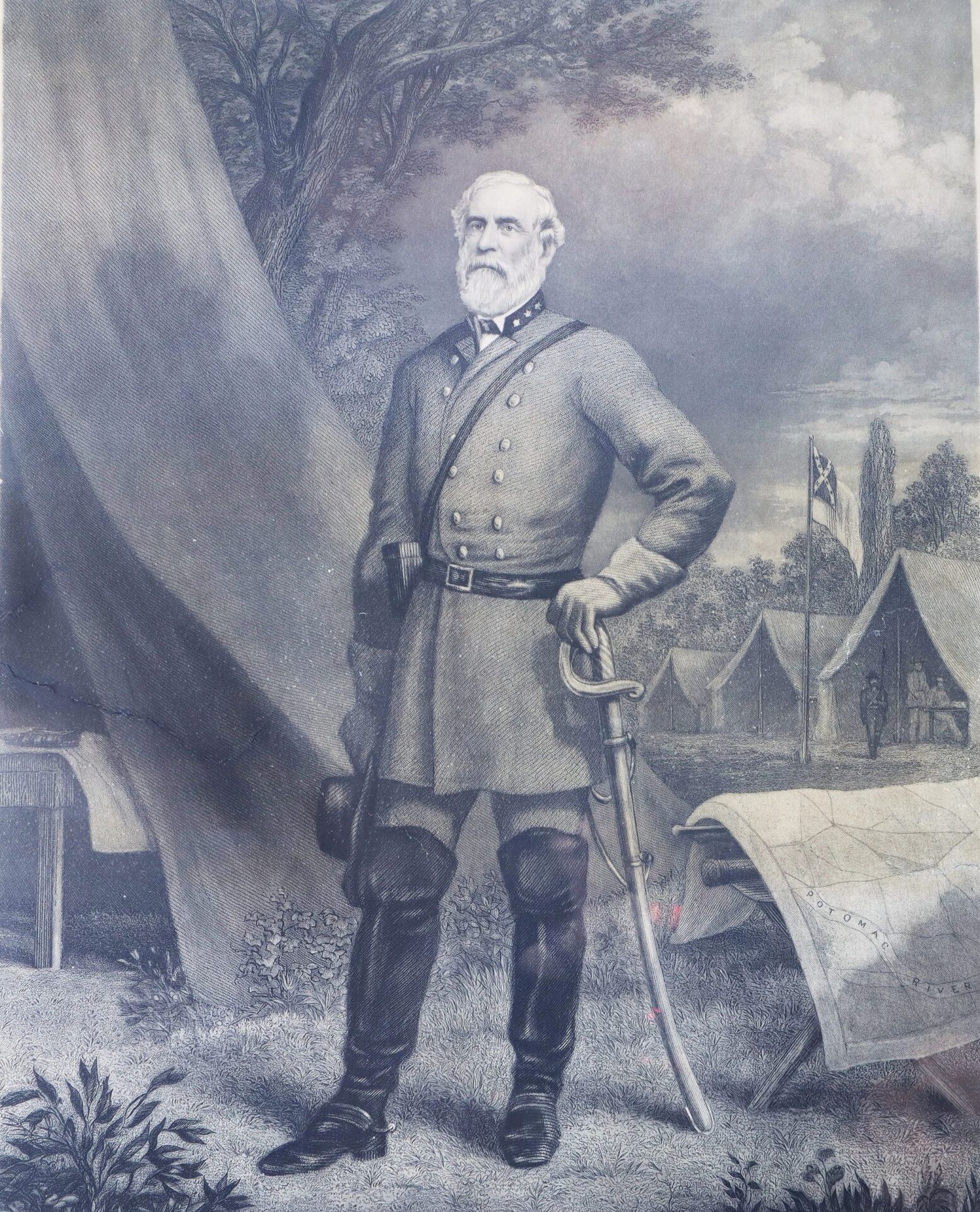 Black and white illustration of General Robert E. Lee in military uniform with a sword, set against tents, a flag, and a tree in the background. Product: General Robert E. Lee / SOLD.
