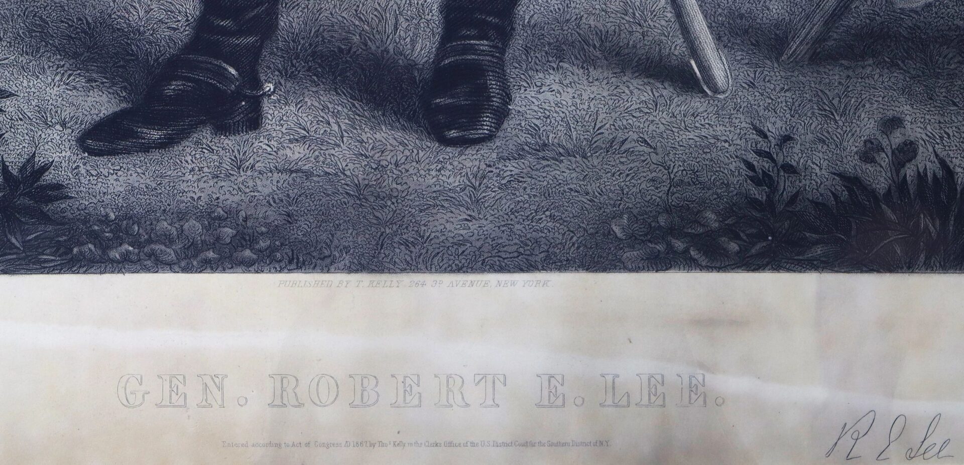 Close-up of an engraving showing boots and lower legs, featuring the product "General Robert E. Lee / SOLD" with text and a signature visible below the image.