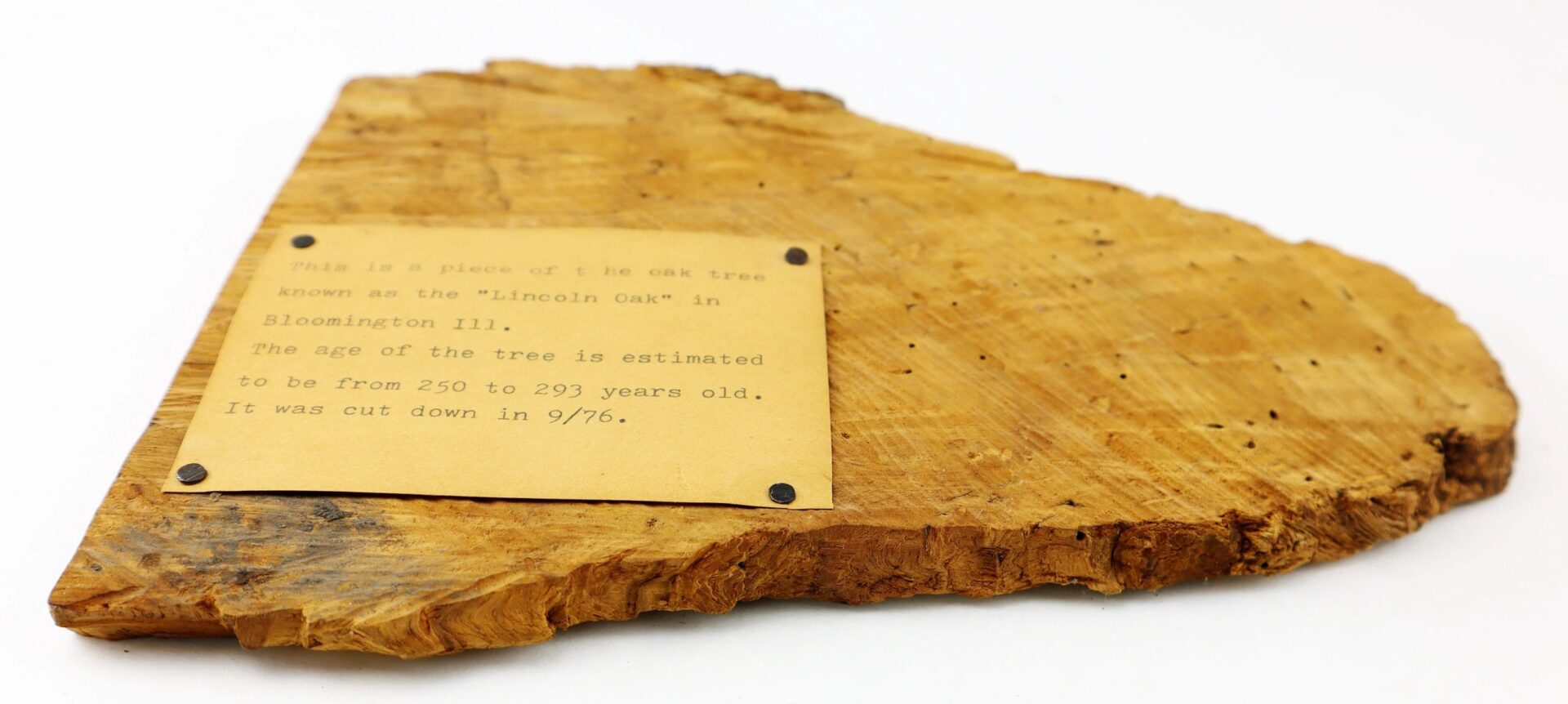 A triangular oak wood section labeled “Lincoln Oak” from Bloomington, IL, estimated at 250–293 years old and felled in September 1976. Product: Section of Wood from the “Lincoln Oak” / SOLD.