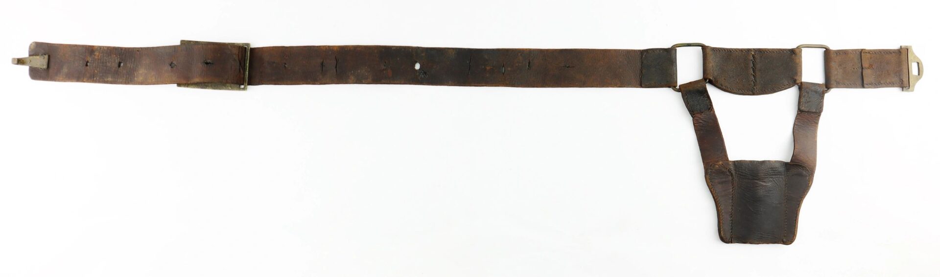 The U.S. Foot Artillery Belt is a brown leather belt with a pouch, metal buckles, and an adjustable hole, shown laid flat on a white background.