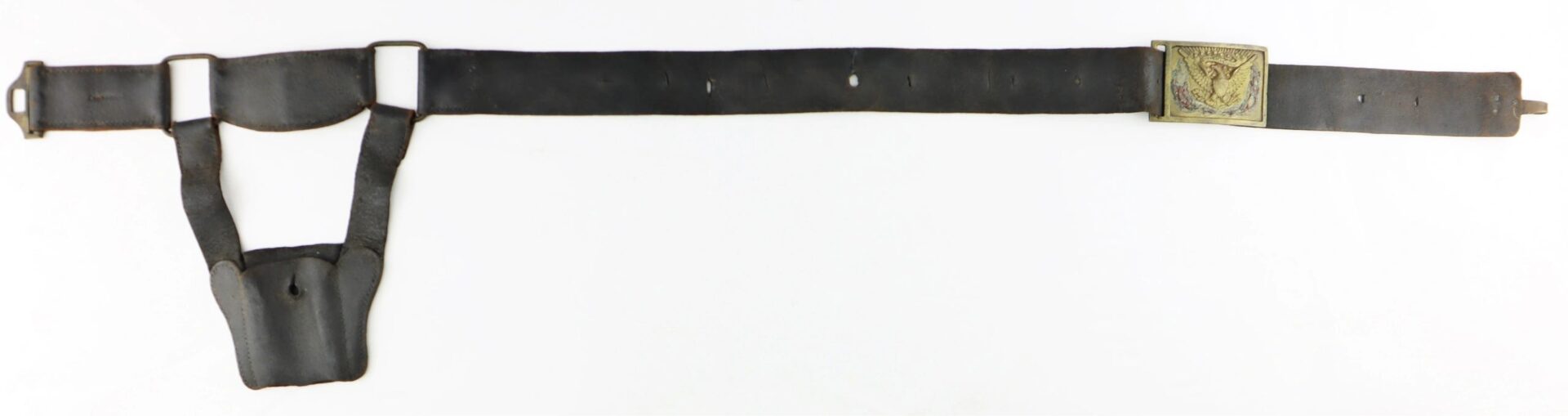 The U.S. Foot Artillery Belt is a vintage black leather military belt with a brass buckle featuring an eagle emblem and an attached holster on the left side.