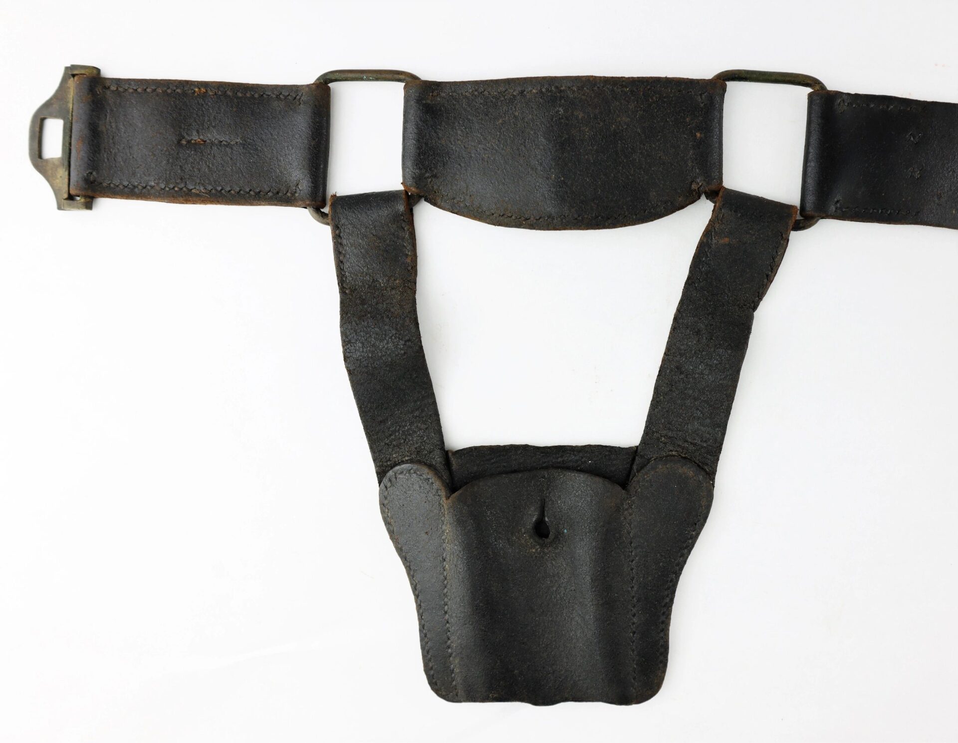 The U.S. Foot Artillery Belt is a vintage black leather belt featuring a pouch-like attachment and a metal buckle, shown against a white background.