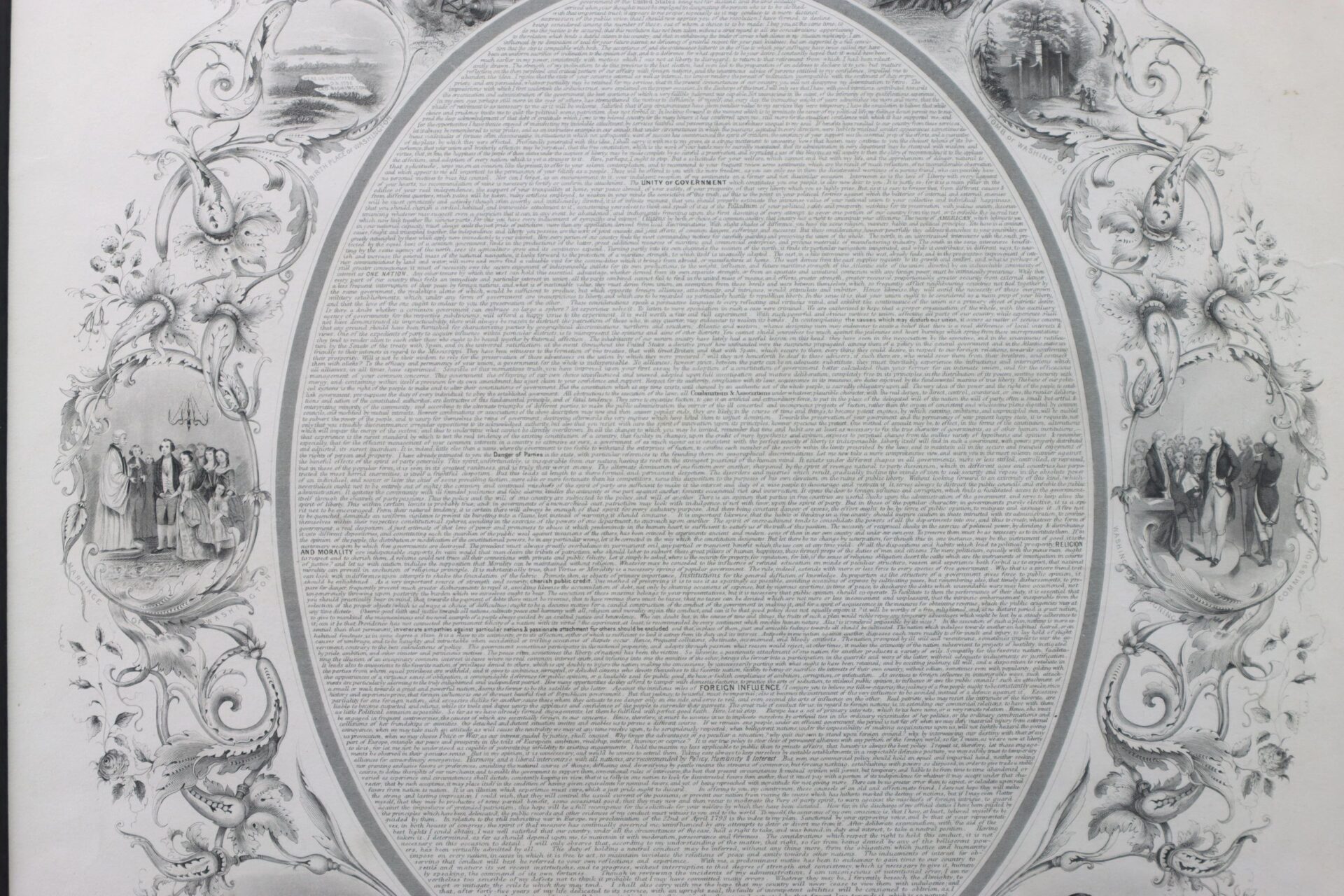 An ornate oval border with small illustrated scenes surrounds a dense block of fine text in the center, featured on "Washington’s Farewell.