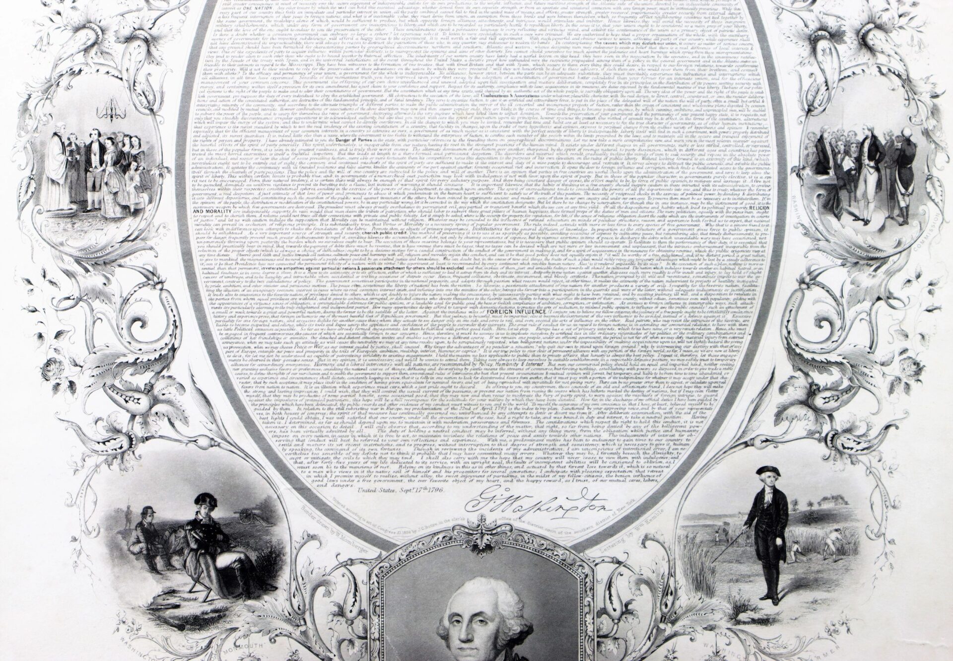 Washington’s Farewell is an ornate, vintage document with dense text in an oval shape, decorative border illustrations, and a portrait of George Washington at the bottom.