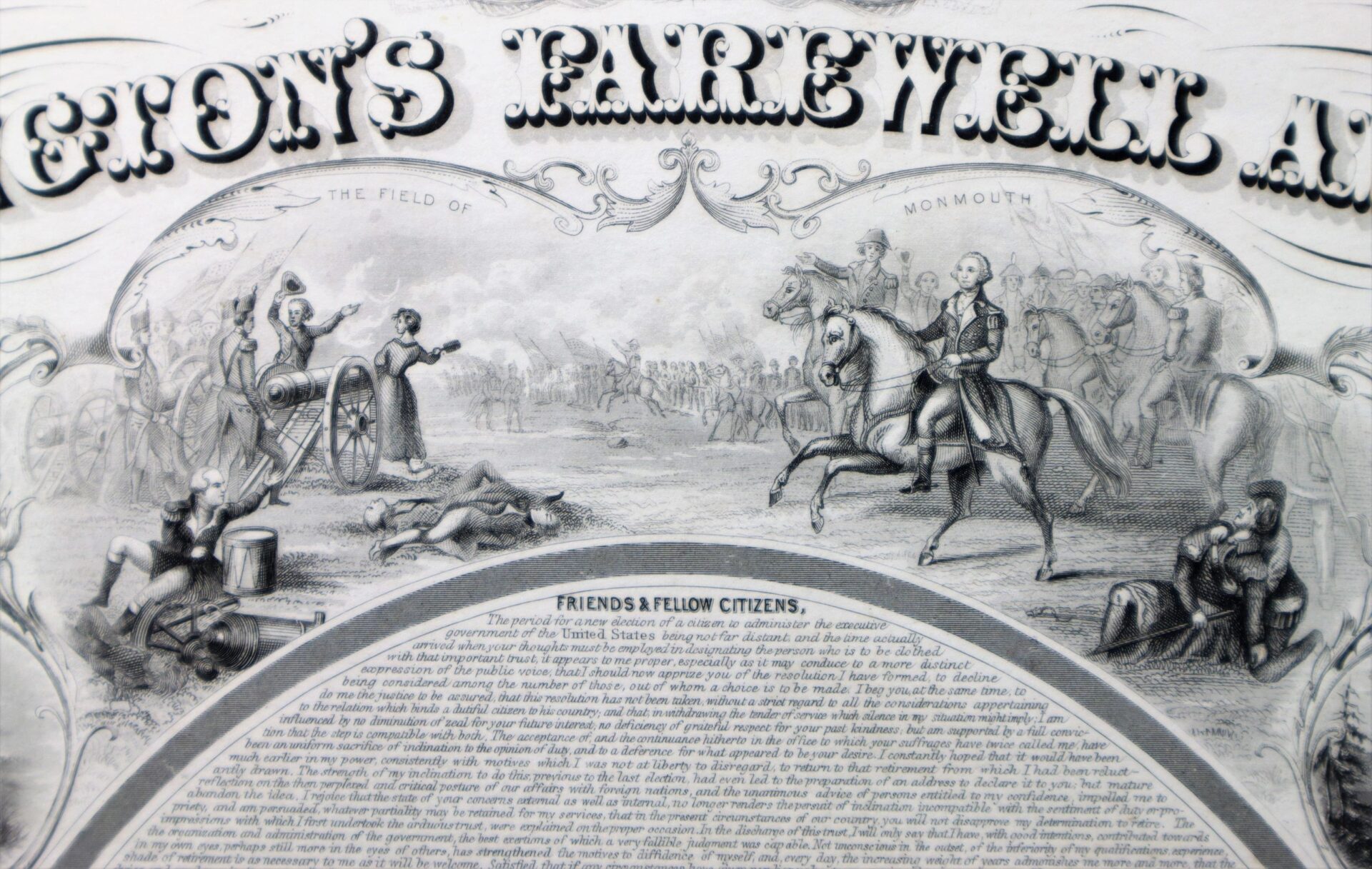 Black and white illustration from "Washington’s Farewell" shows George Washington on horseback addressing troops, with cannons and soldiers in the background under the heading "FAREWELL.