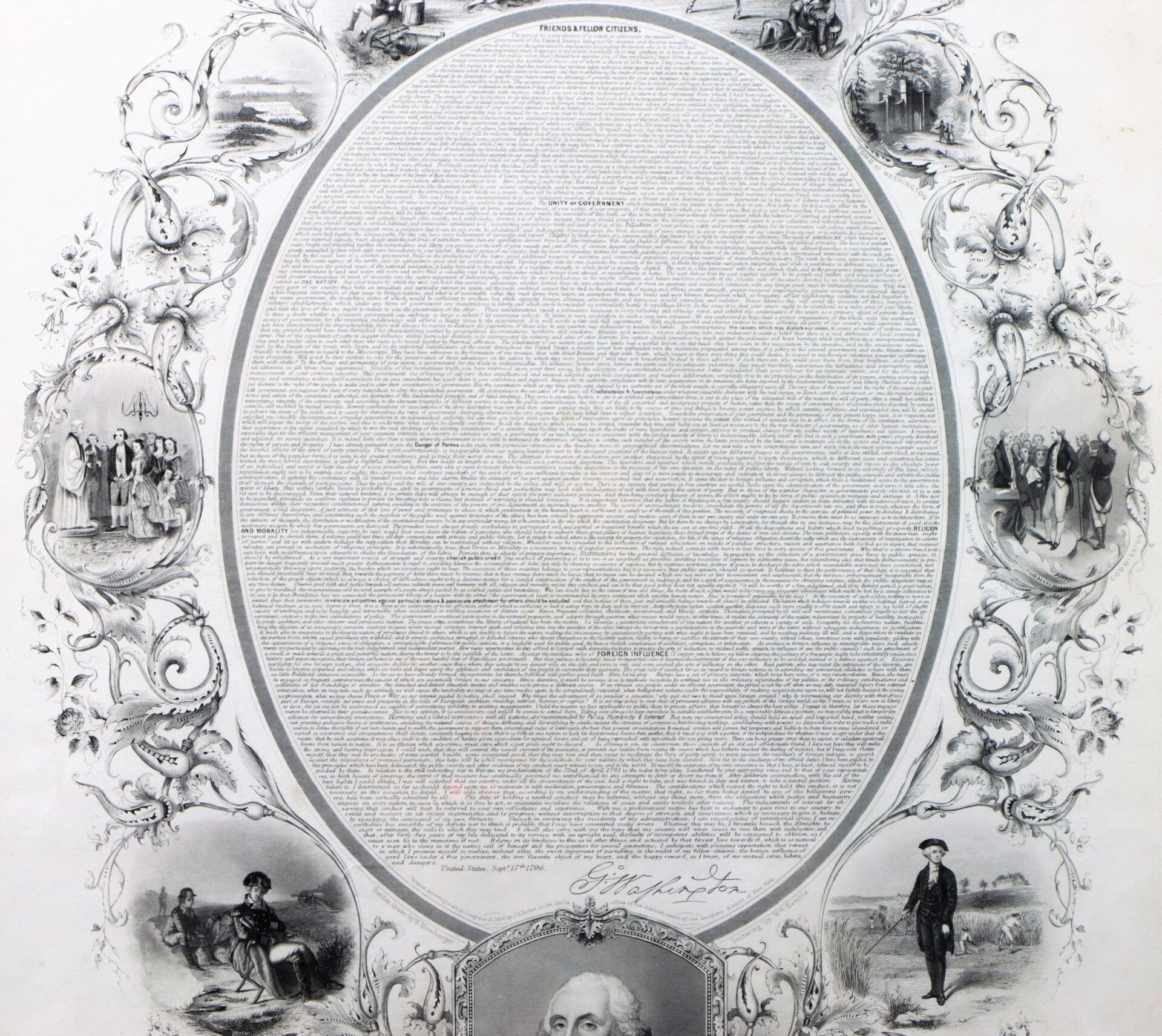 A decorative print of Washington’s Farewell, featuring ornate illustrations, historical scenes, and an image of George Washington at the bottom.