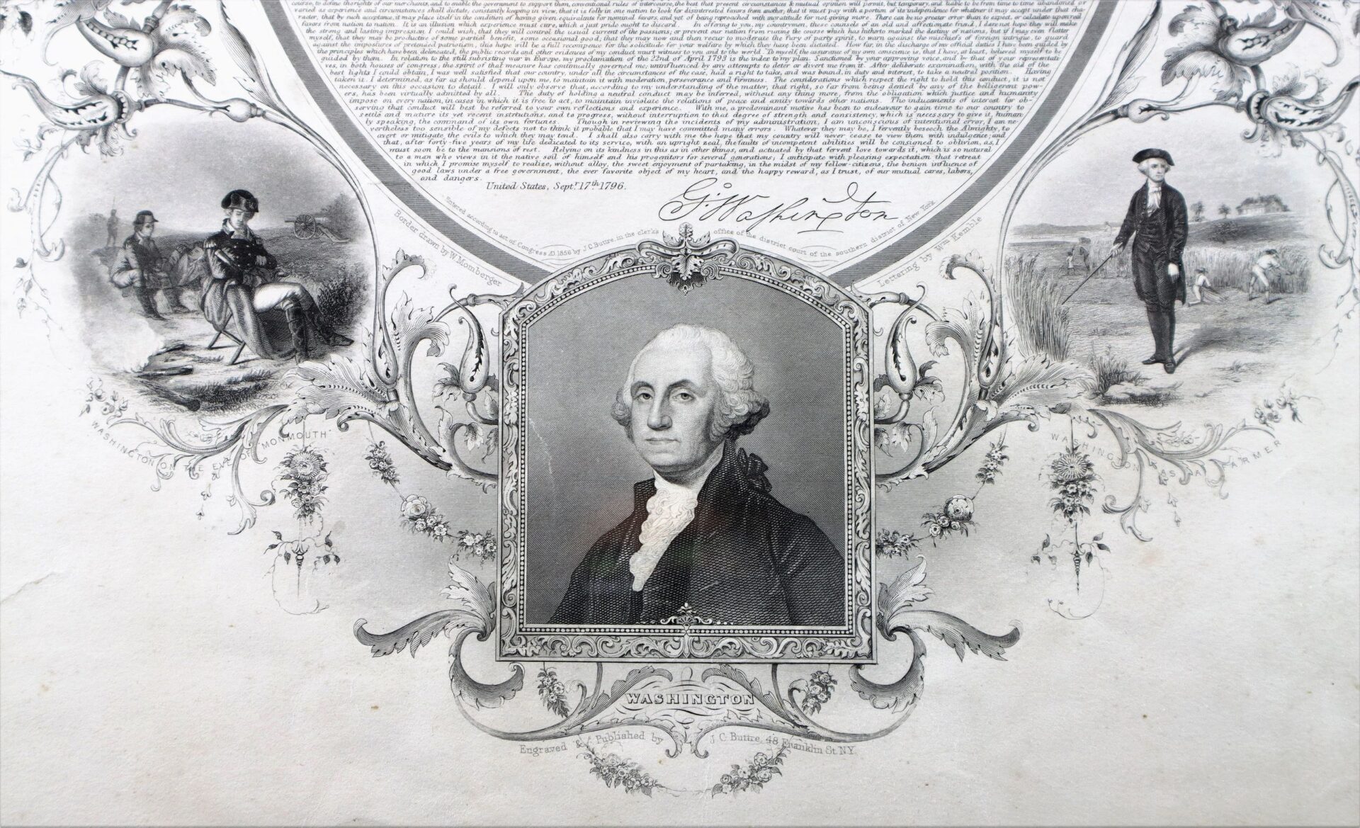 Washington’s Farewell is a black and white illustration with a central portrait of George Washington, ornate borders, and detailed scenes of colonial life flanking each side.