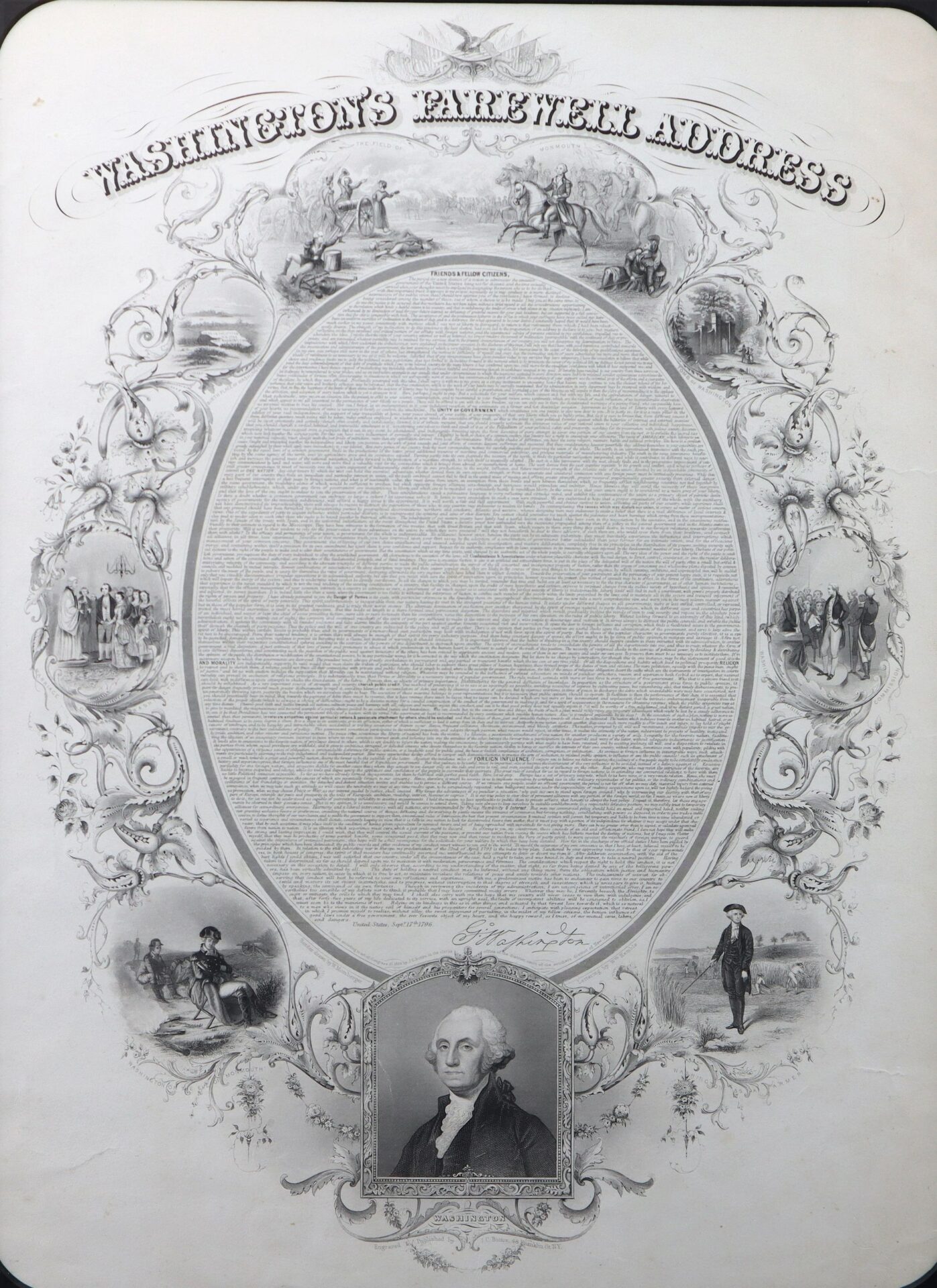 Washington’s Farewell: a decorative document presenting the complete text in an ornate oval frame with engraved illustrations and a portrait of George Washington at the bottom.