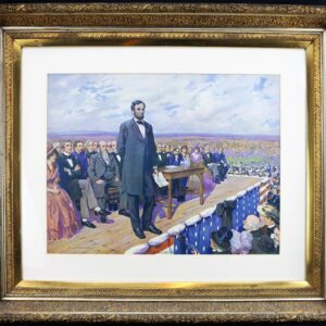 A framed painting titled "Abraham Lincoln Presenting the Gettysburg Address / SOLD" shows Lincoln on an outdoor stage addressing a crowd, with seated and standing figures behind him.