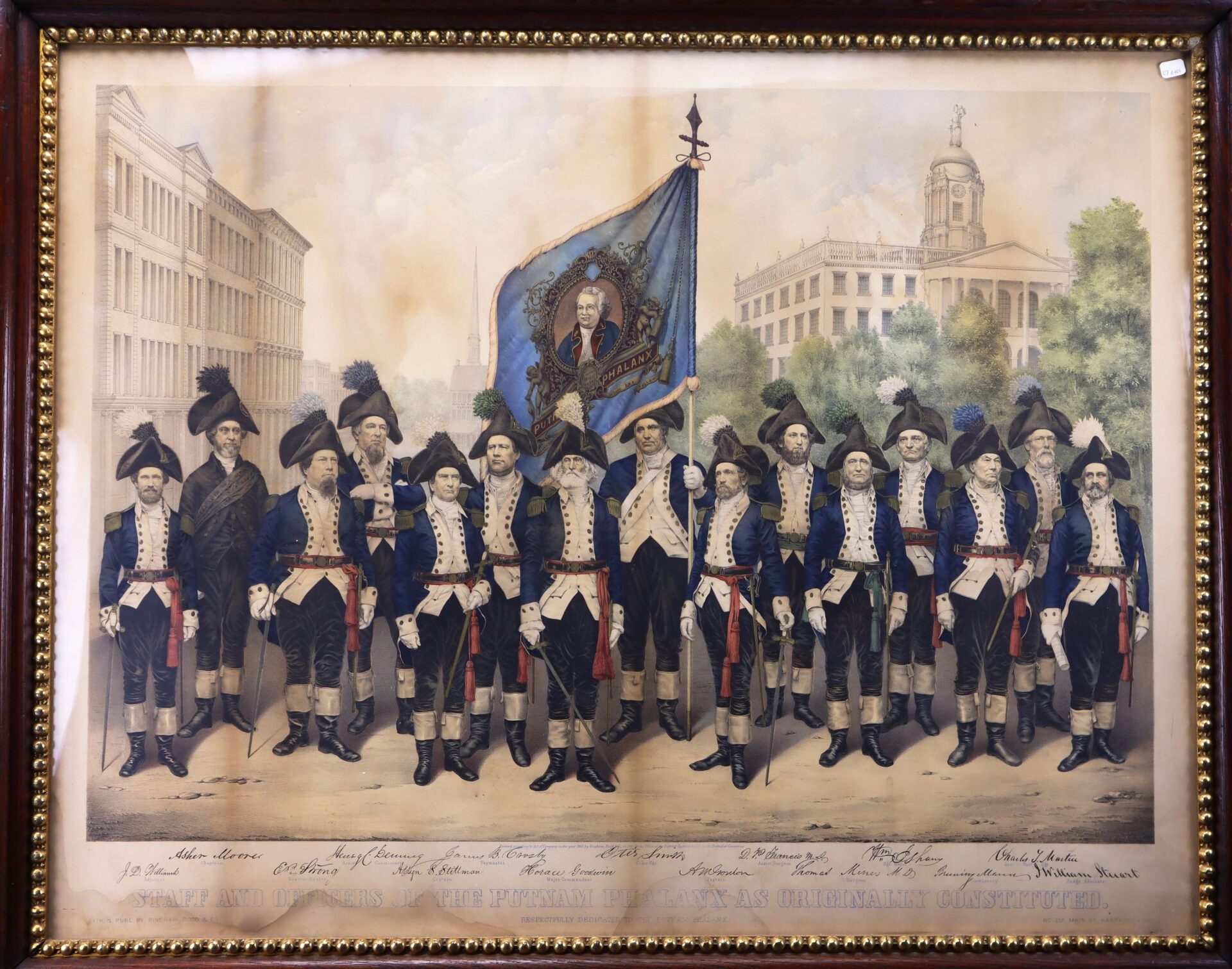 A very rare and colorful 1861 print shows the Officers and Staff of the Putnam Phalanx as originally constituted, posing in front of Hartford’s Old State House, with a flag featuring a central portrait.