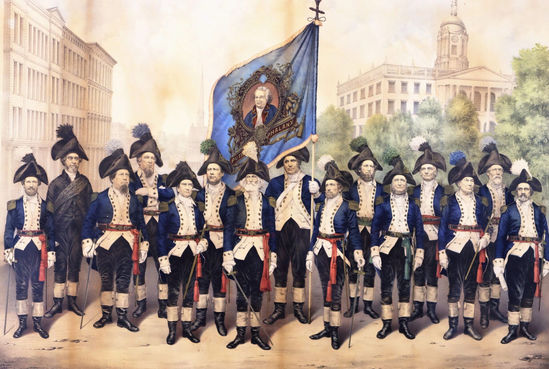 A rare 1861 print depicts the Officers and Staff of the Putnam Phalanx in colorful uniforms standing in formation before Hartford's Old State House, one man holding a blue flag with buildings and trees in the background.