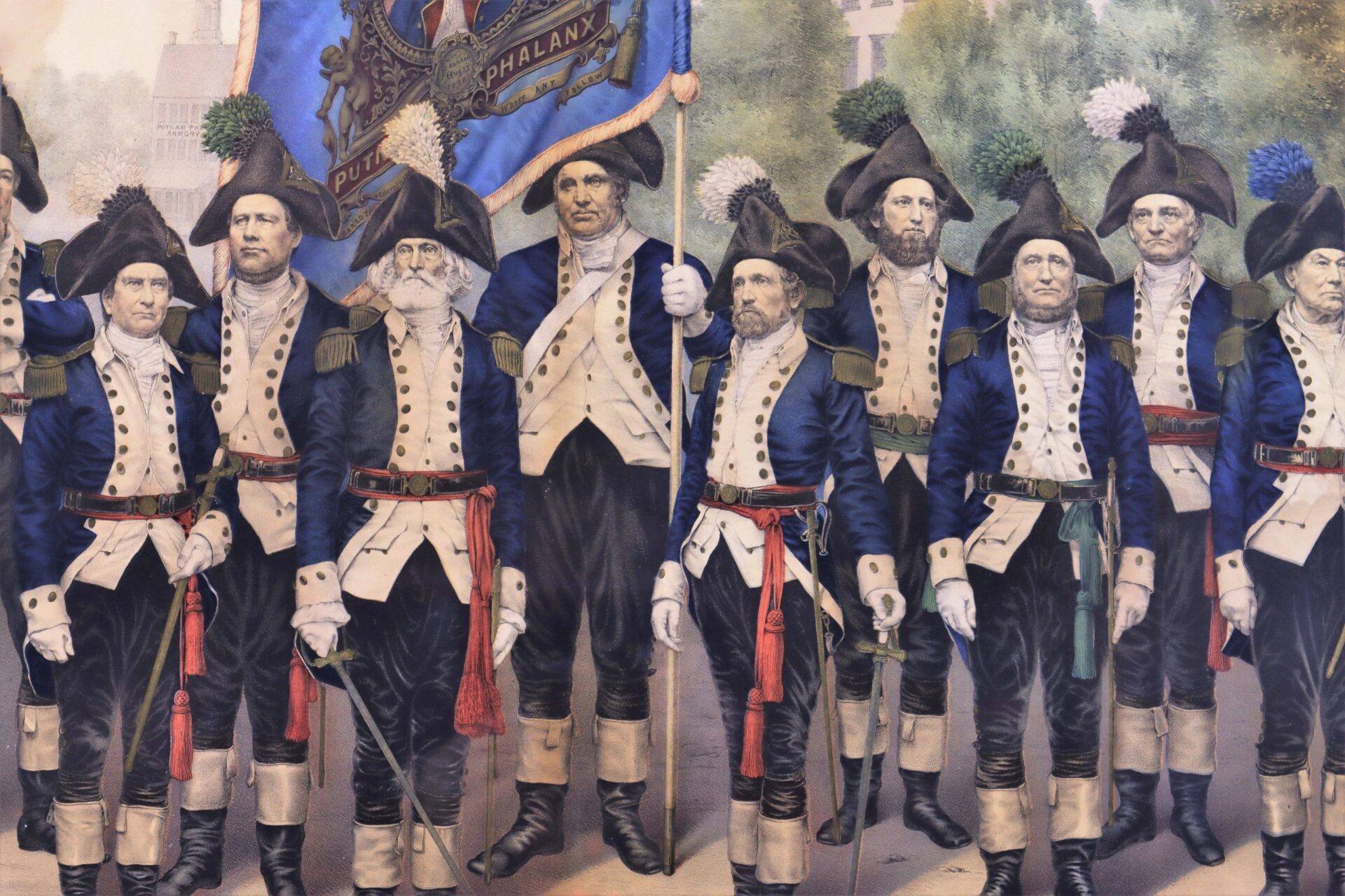 A very rare and colorful 1861 print shows the Officers and Staff of the Putnam Phalanx as originally constituted, standing in formation in front of Hartford's Old State House, with some holding swords and a flag.