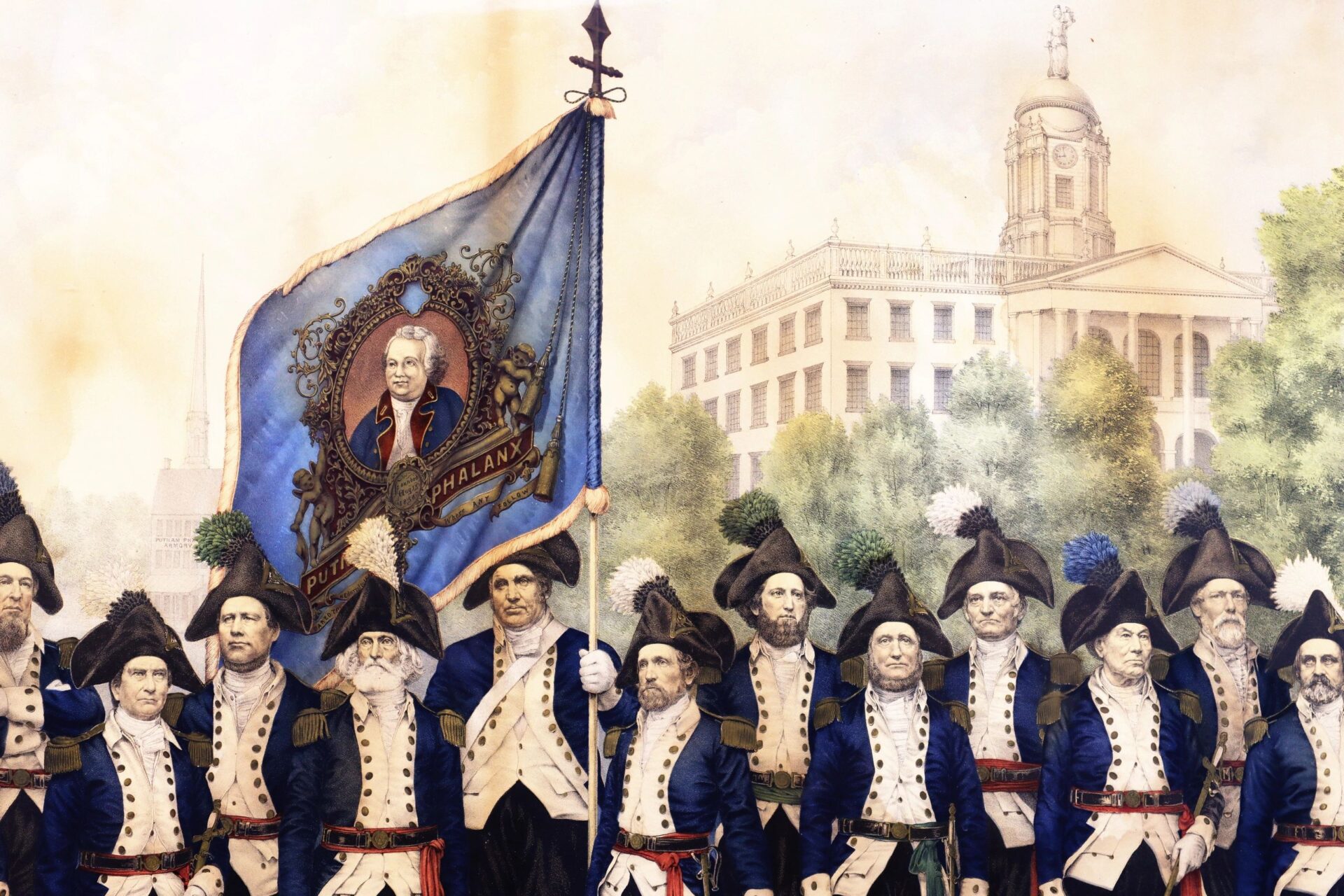 A vibrant 1861 print titled “Officers and Staff of the Putnam Phalanx as Originally Constituted in Front of the Old State House in Hartford” shows men in blue and white uniforms, one with a blue flag, posed before a historic building and trees.