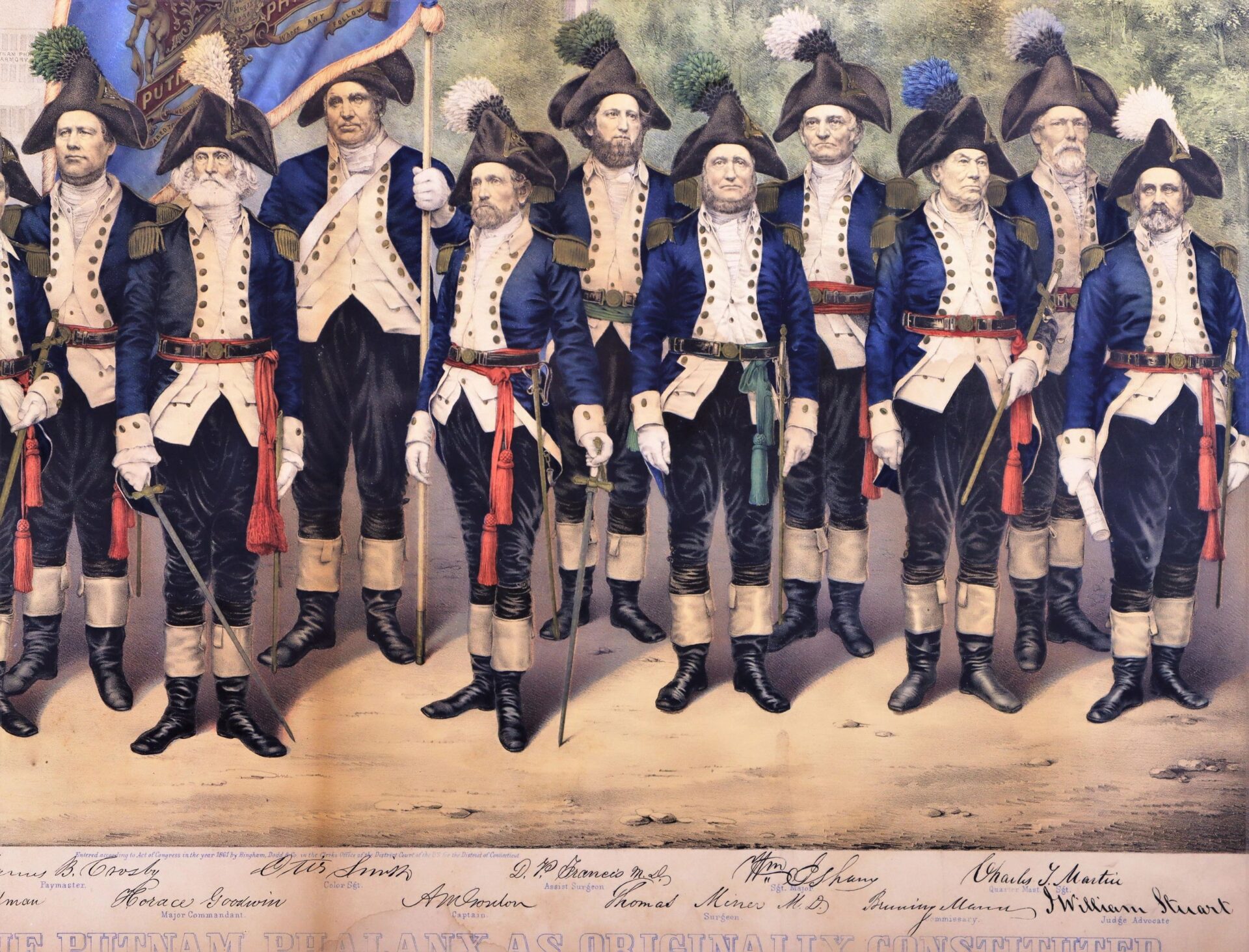 A very rare and colorful 1861 print shows the Officers and Staff of the Putnam Phalanx as originally constituted in front of Hartford’s Old State House, standing in a row with swords or staffs and feathered hats.