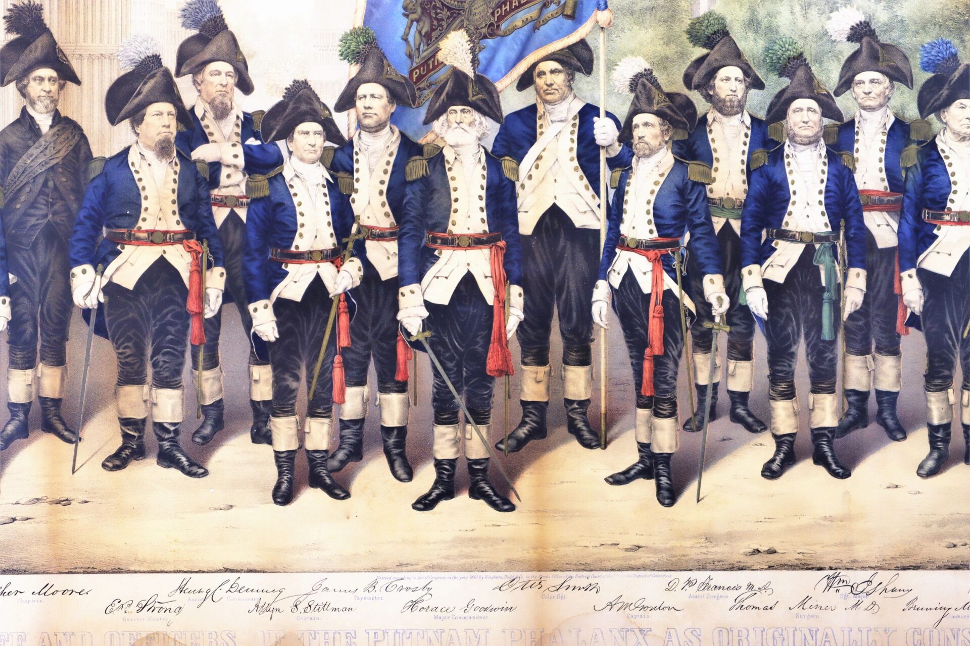 The Very Rare and Colorful 1861 Print “Officers and Staff of the Putnam Phalanx as Originally Constituted in Front of the Old State House in Hartford” features men in historic uniforms, some with canes or swords, a blue flag, and names beneath each figure.